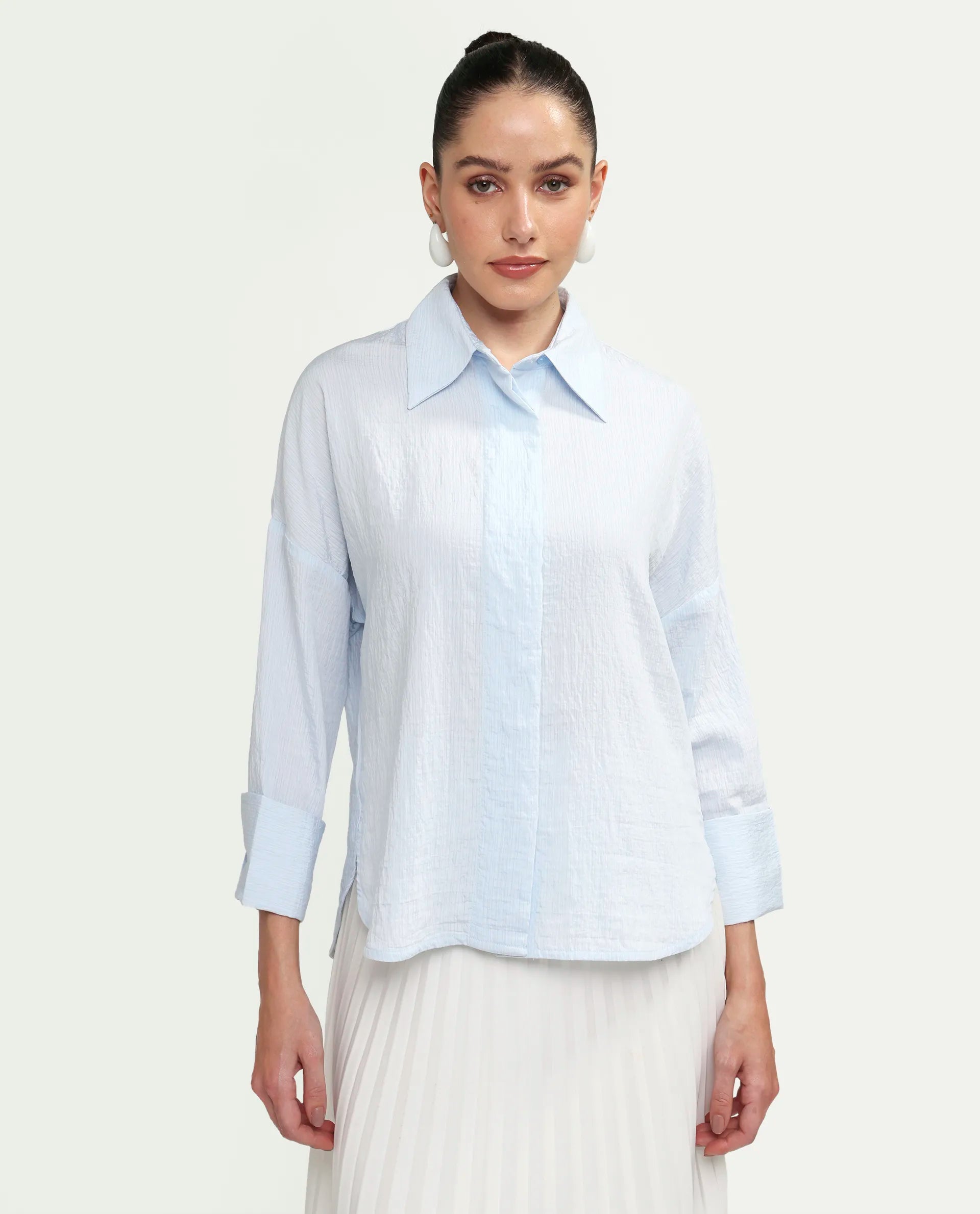 Rareism Women's Davi Light Blue Viscose Blend Full Sleeve Collared Relaxed Plain Shirt