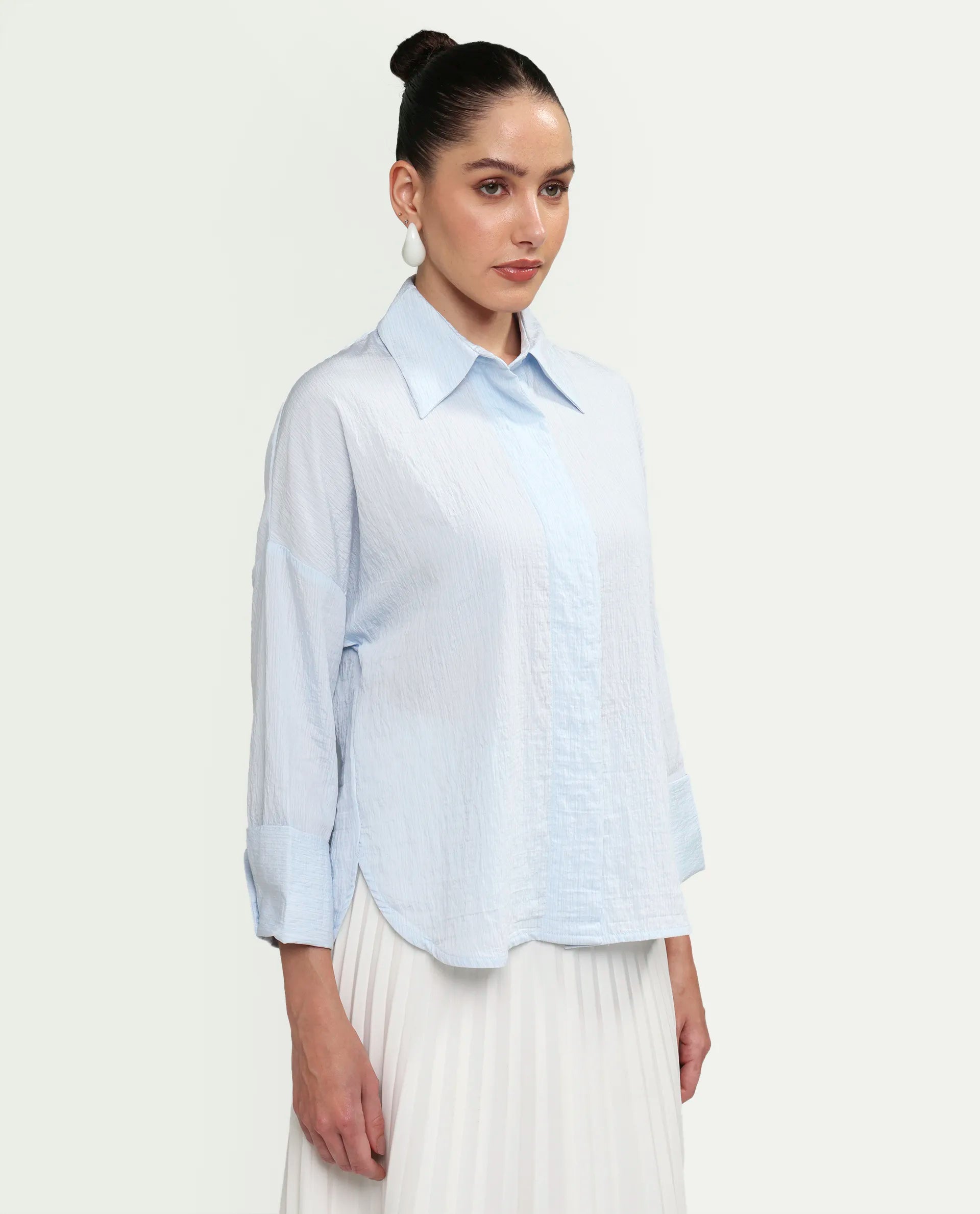 Rareism Women's Davi Light Blue Viscose Blend Full Sleeve Collared Relaxed Plain Shirt