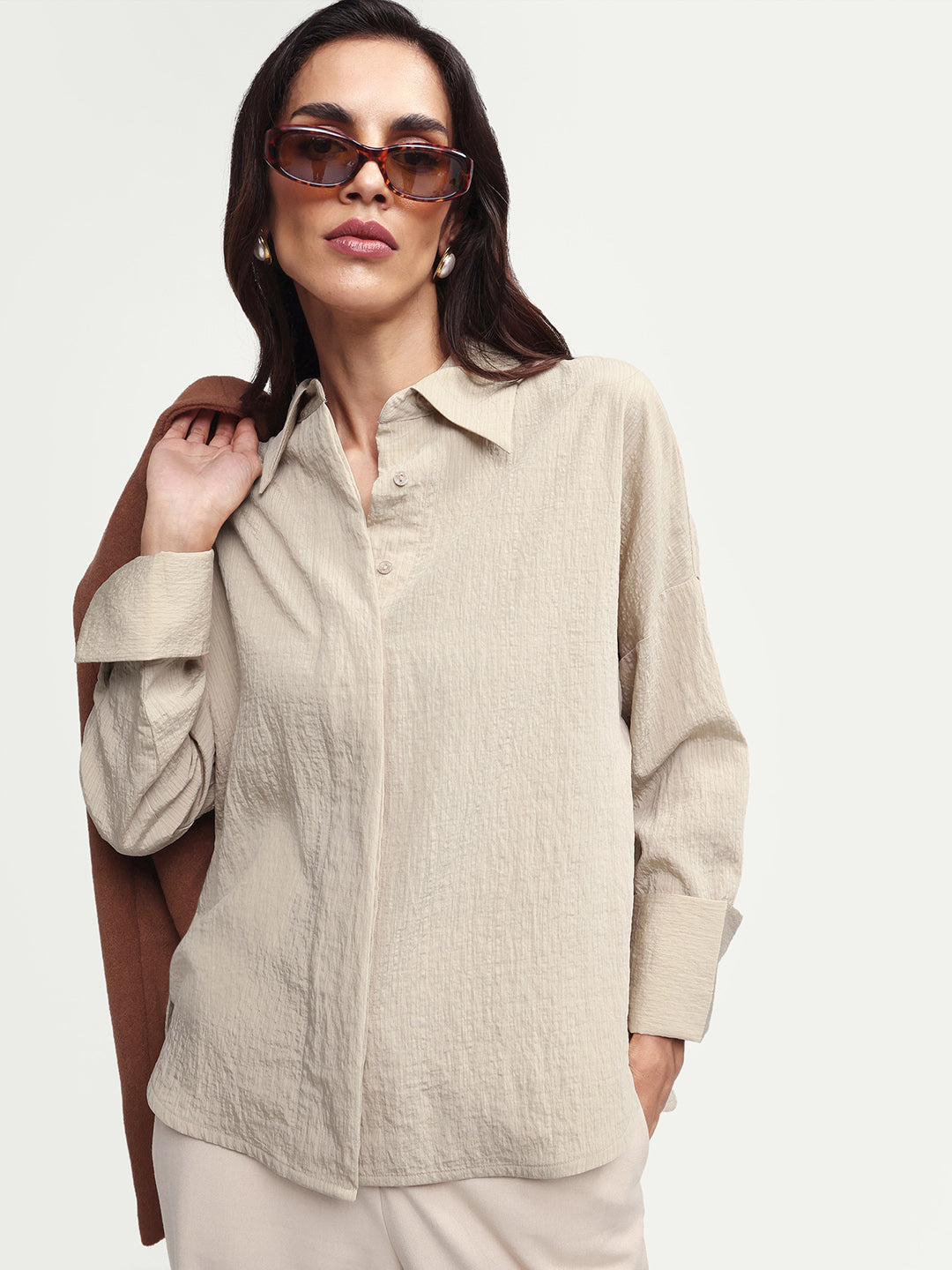 Rareism Women's Davi Beige Viscose Blend Full Sleeve Spread Collar Button Oversized Plain Shirt Oversize