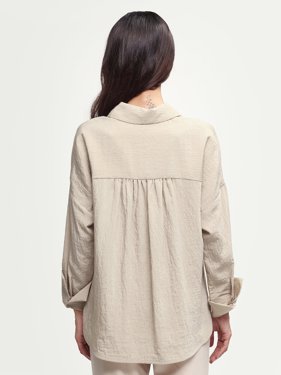 Rareism Women's Davi Beige Viscose Blend Full Sleeve Spread Collar Button Oversized Plain Shirt Oversize