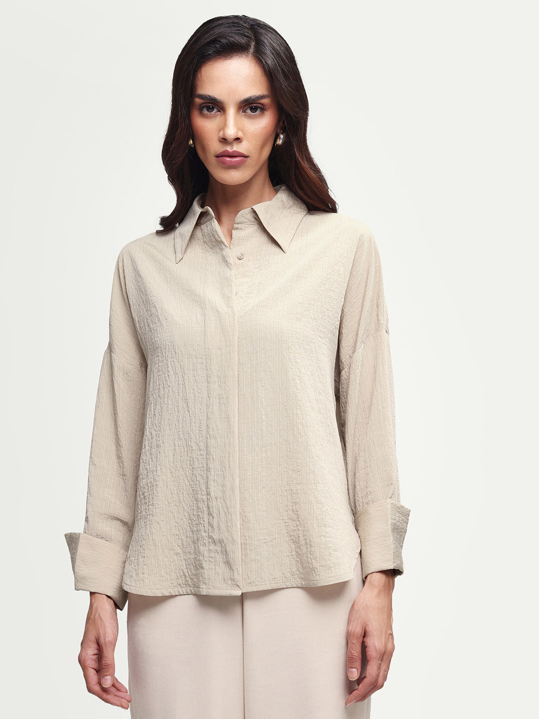 Rareism Women's Davi Beige Viscose Blend Full Sleeve Spread Collar Button Oversized Plain Shirt Oversize