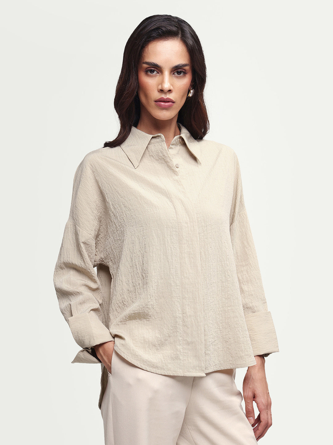 Rareism Women's Davi Beige Viscose Blend Full Sleeve Spread Collar Button Oversized Plain Shirt Oversize