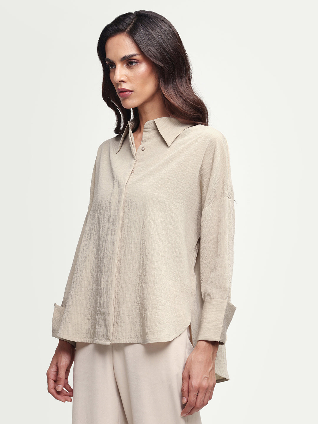 Rareism Women's Davi Beige Viscose Blend Full Sleeve Spread Collar Button Oversized Plain Shirt Oversize