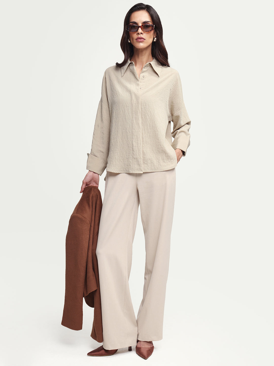 Rareism Women's Davi Beige Viscose Blend Full Sleeve Spread Collar Button Oversized Plain Shirt Oversize