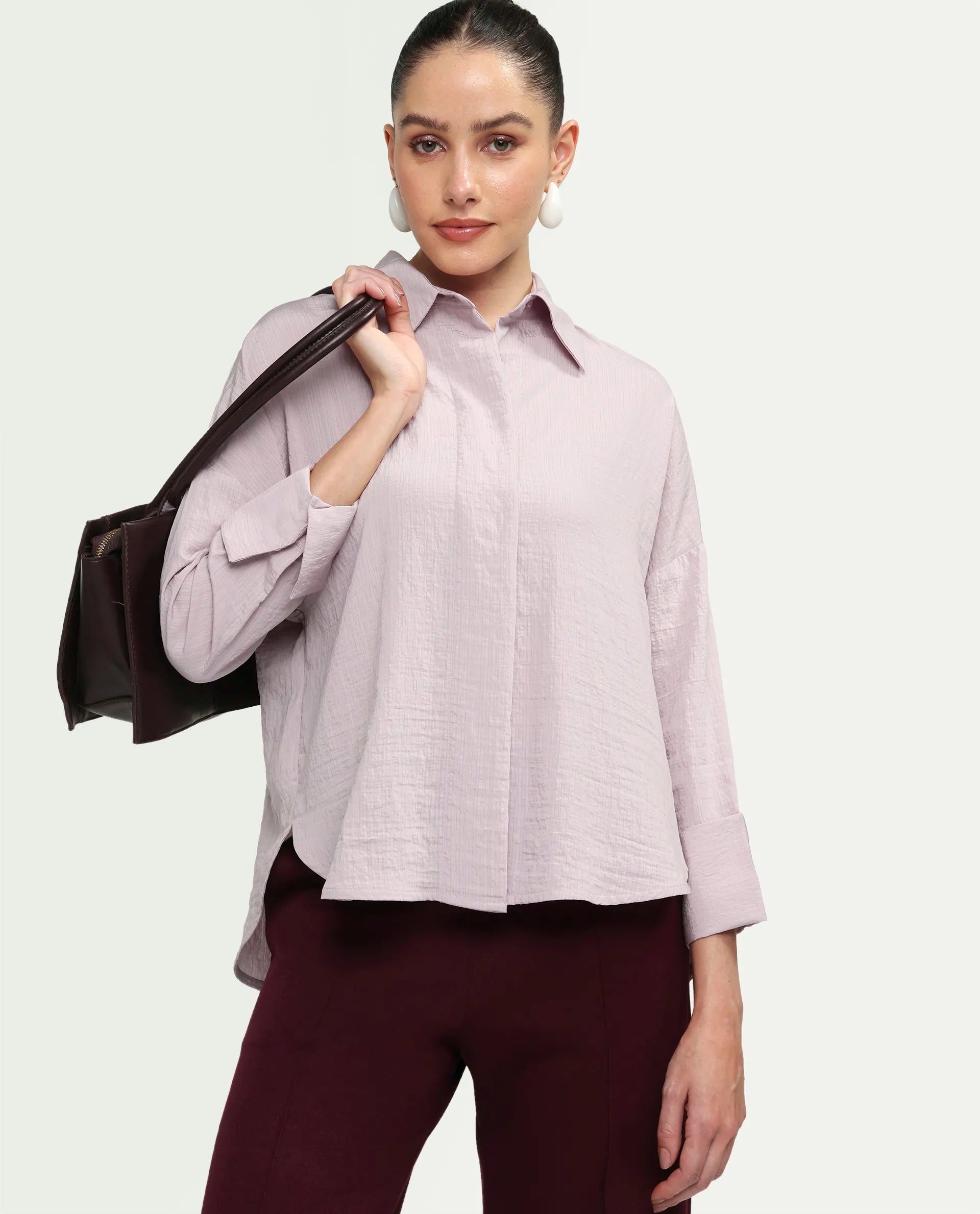 Rareism Women's Davi Pink Viscose Blend Full Sleeve Collared Relaxed Plain Shirt