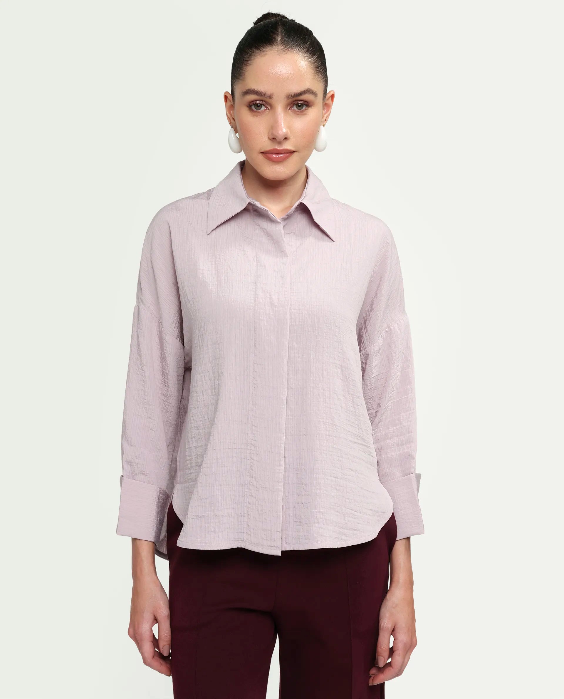 Rareism Women's Davi Pink Viscose Blend Full Sleeve Collared Relaxed Plain Shirt