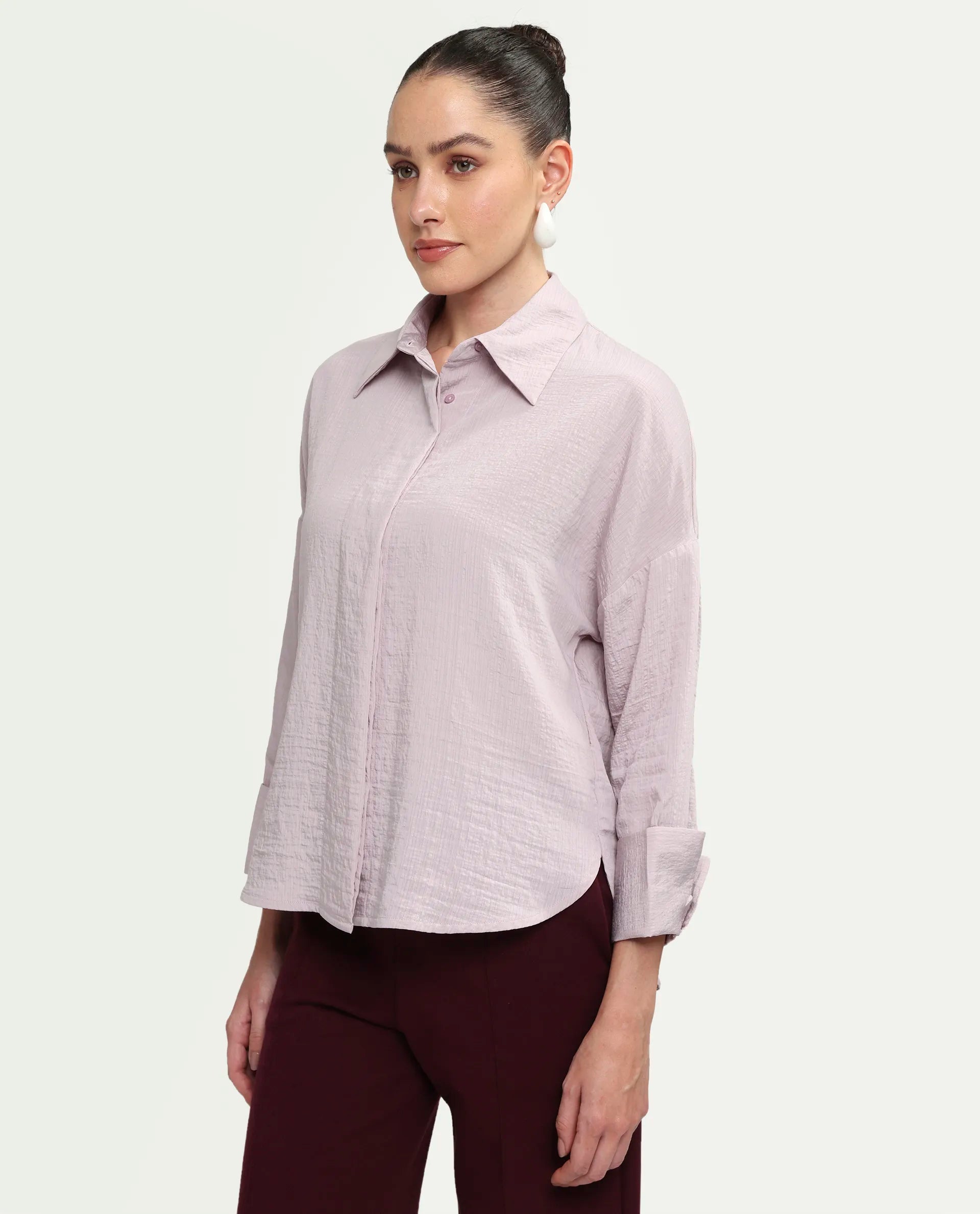 Rareism Women's Davi Pink Viscose Blend Full Sleeve Collared Relaxed Plain Shirt