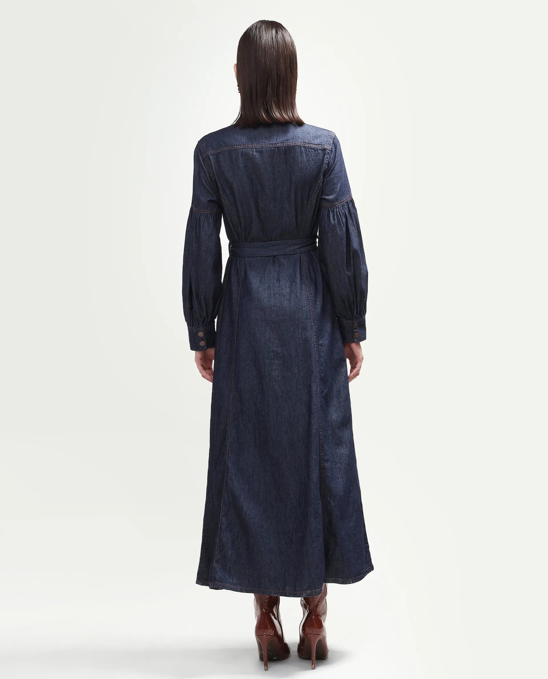 Rareism Women's Denzia Dark Blue Cotton Full Sleeve Spread Collar Regular Fit Plain Dress