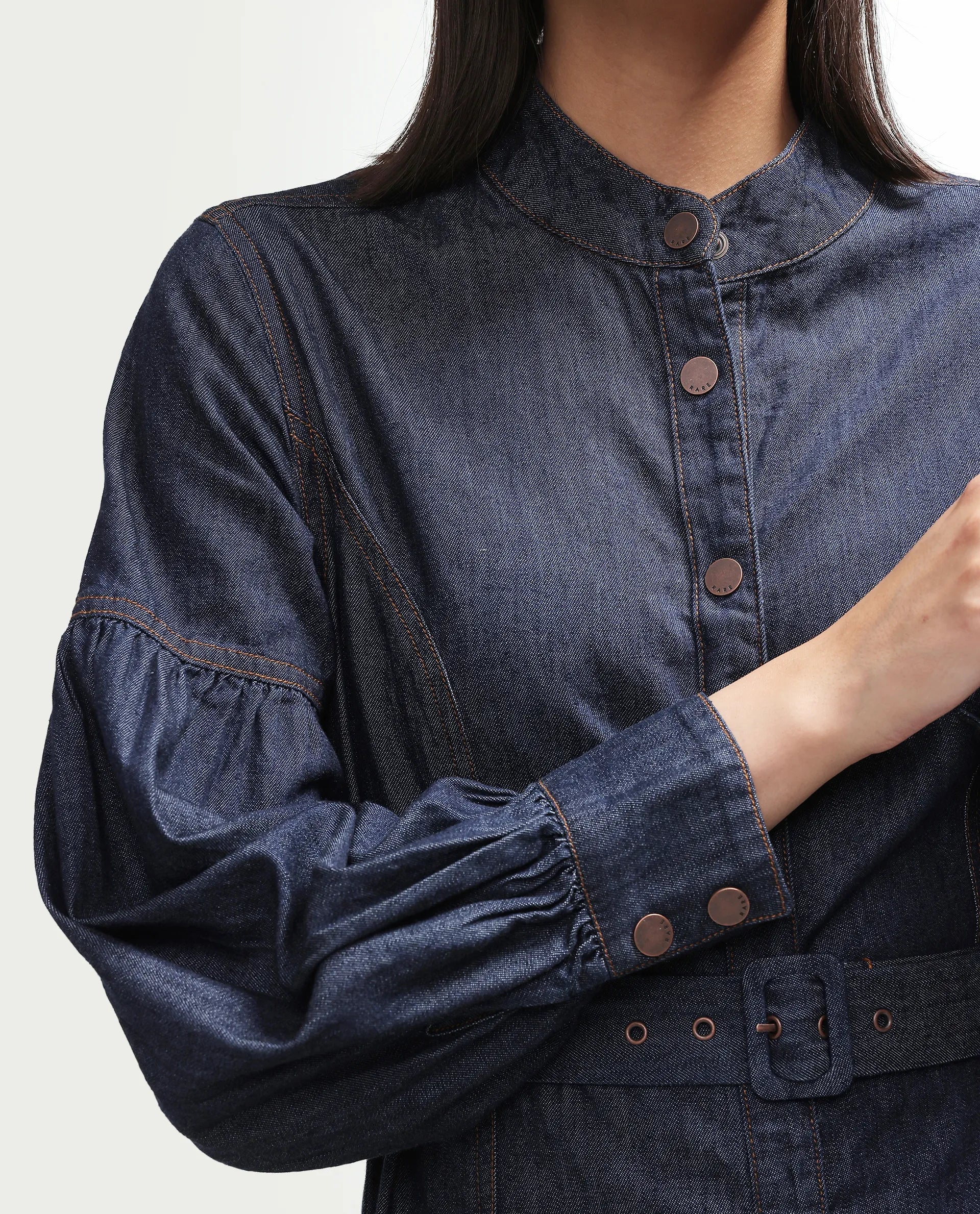 Rareism Women's Denzia Dark Blue Cotton Full Sleeve Spread Collar Regular Fit Plain Dress