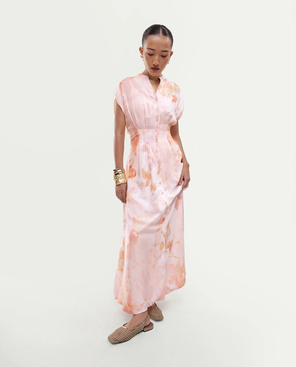 Rareism Women's Houxa Pastel Peach Viscose Blend Fabric Band Collar Fit And Flare Ombre Dress