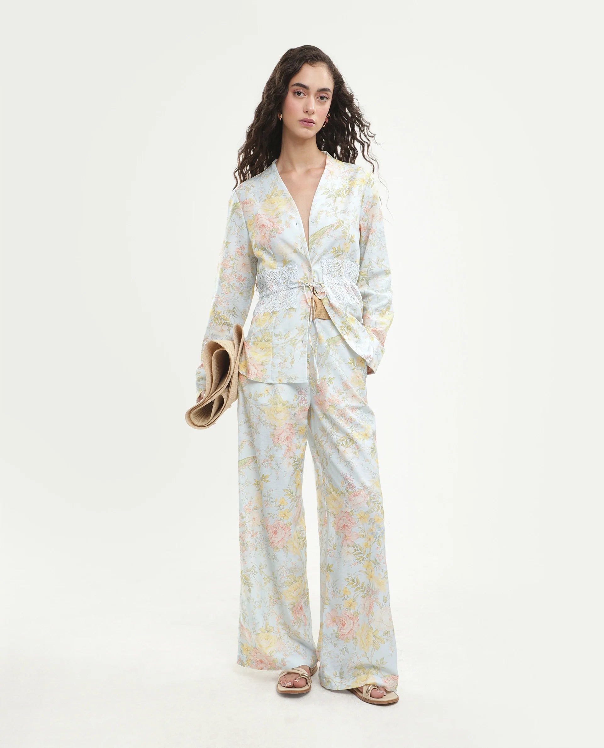 Rareism Women's Rufle-B Pastel Blue Viscose Blend Fabric Straight Floral Print Trouser