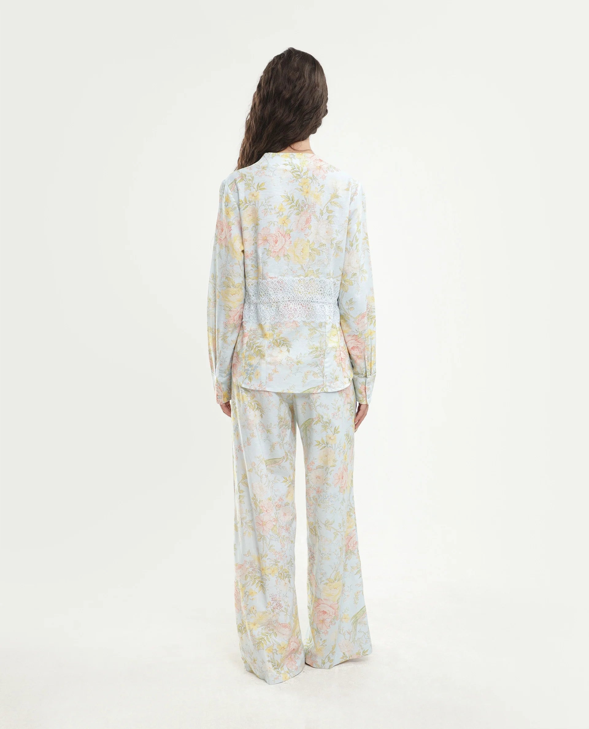 Rareism Women's Rufle-B Pastel Blue Viscose Blend Fabric Straight Floral Print Trouser
