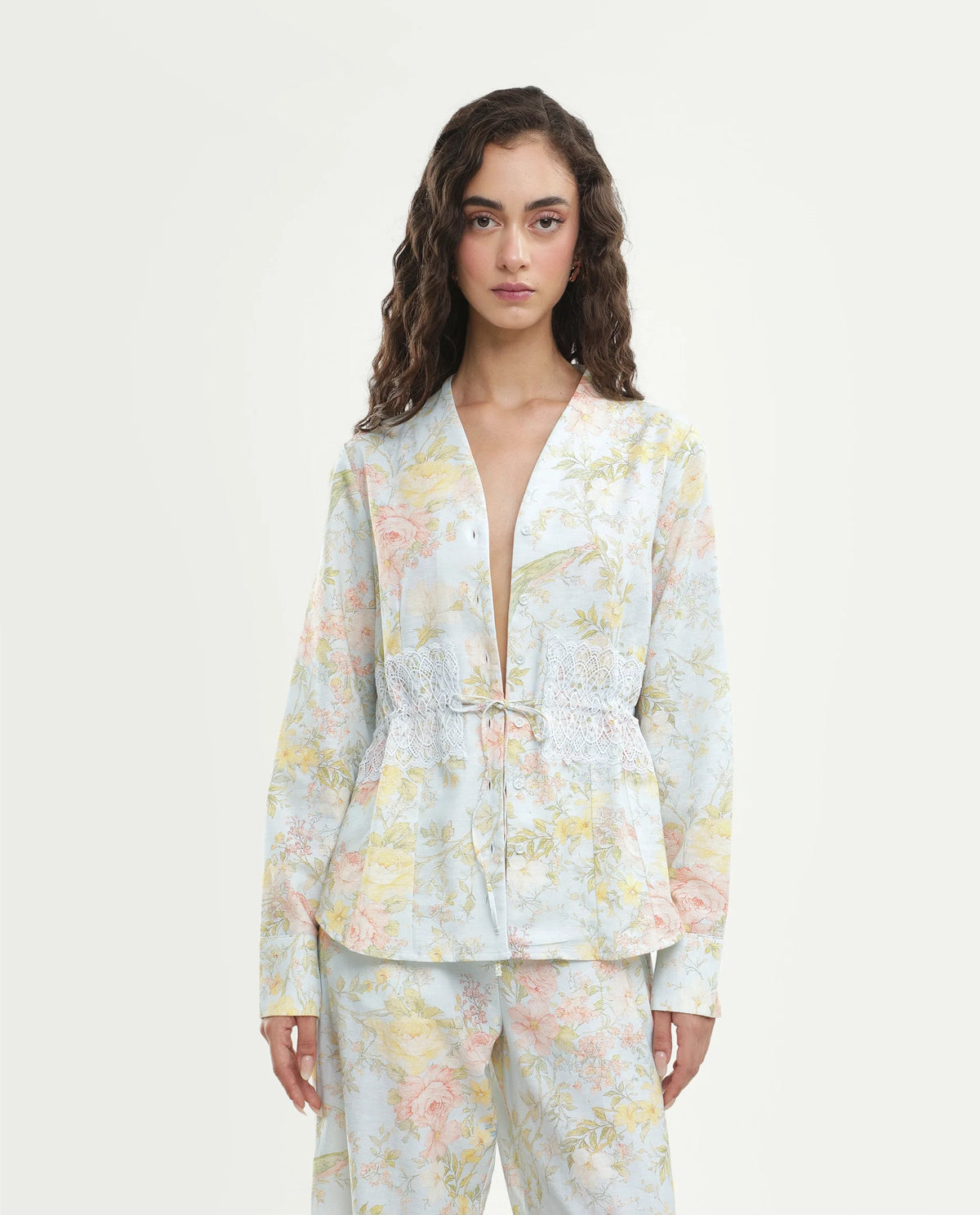 Rareism Women's Rufle-T Pastel Blue Viscose Blend Fabric Spread Collar Regular Floral Print Top