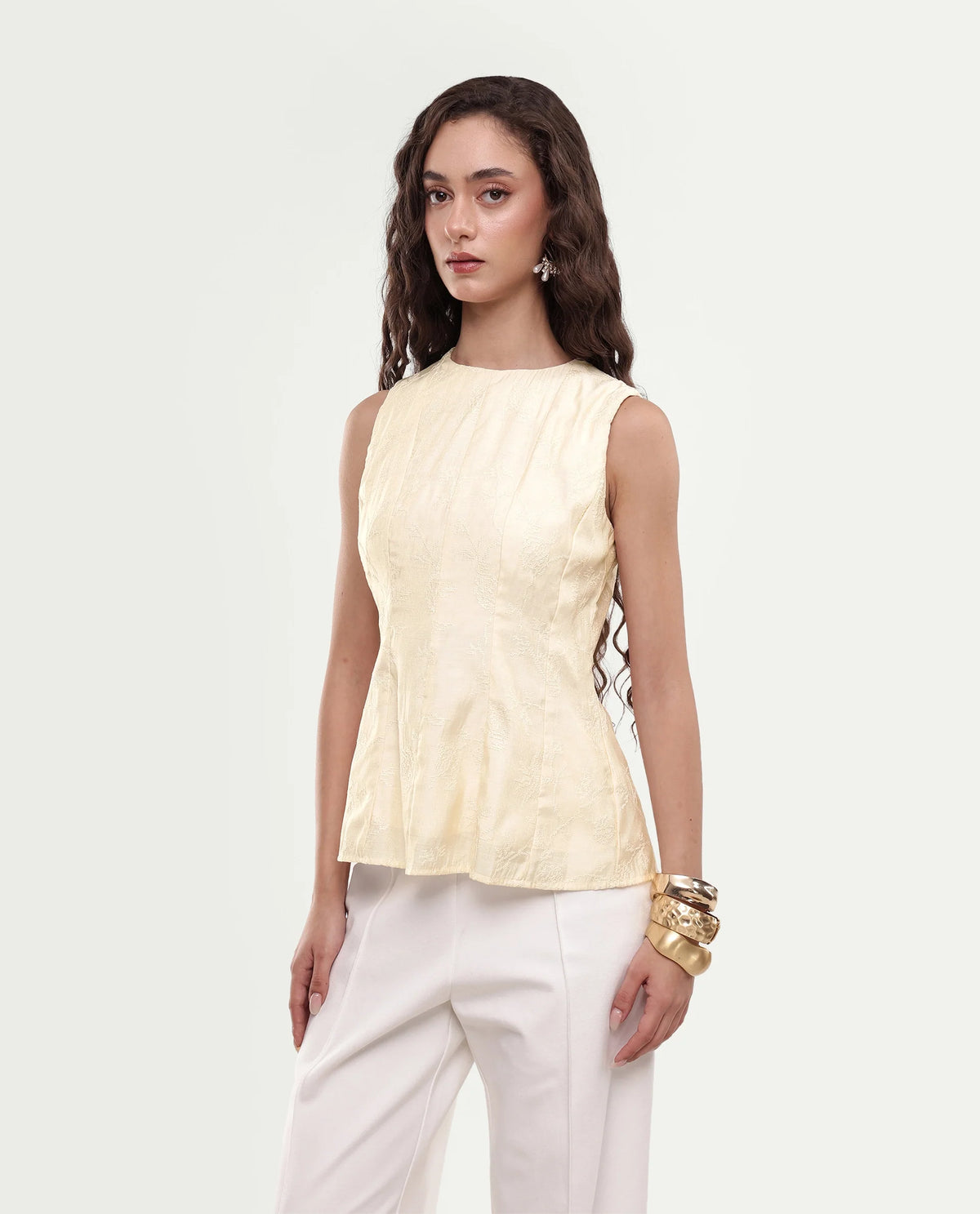 Rareism Women's Tish Pastel Beige Viscose Button And Zip Fit And Flare Plain Top