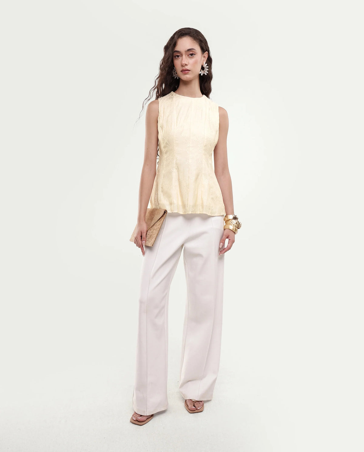 Rareism Women's Tish Pastel Beige Viscose Button And Zip Fit And Flare Plain Top