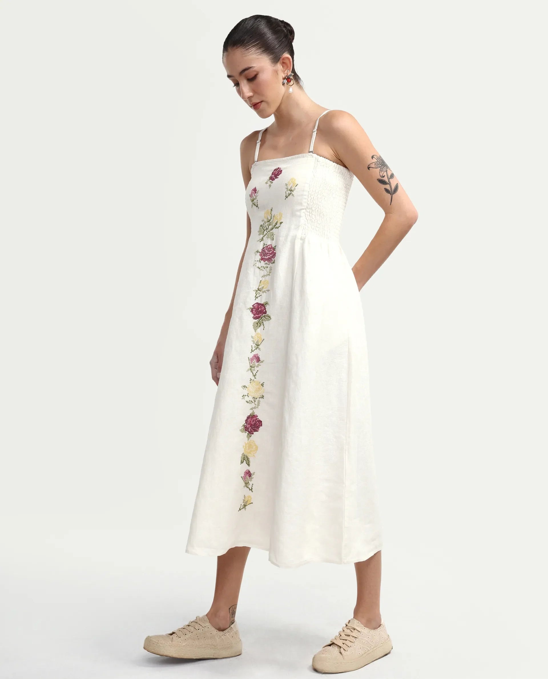 Rareism Women's Treler Light Off-White Linen Tube Neck Fit And Flare Plain Dress