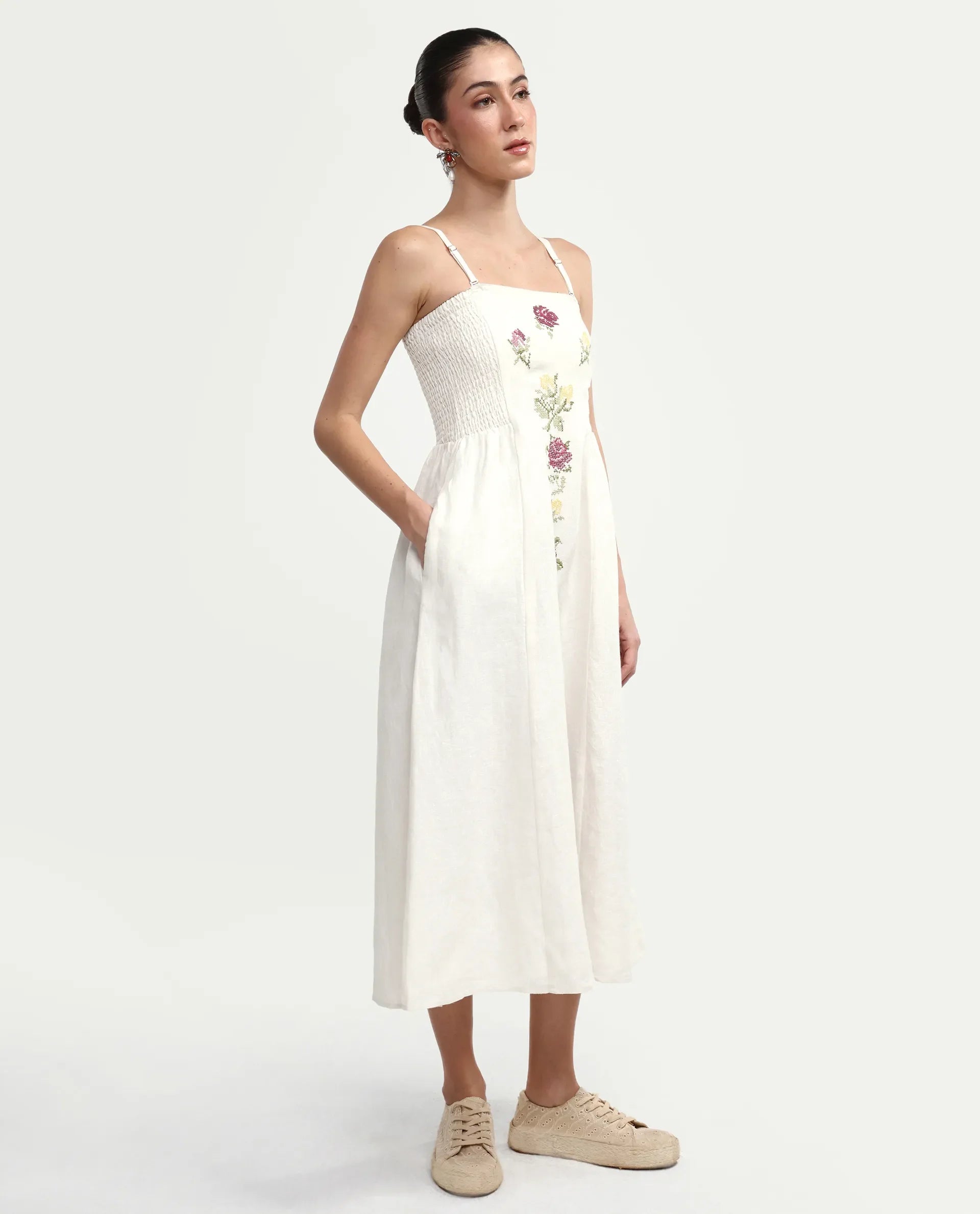Rareism Women's Treler Light Off-White Linen Tube Neck Fit And Flare Plain Dress