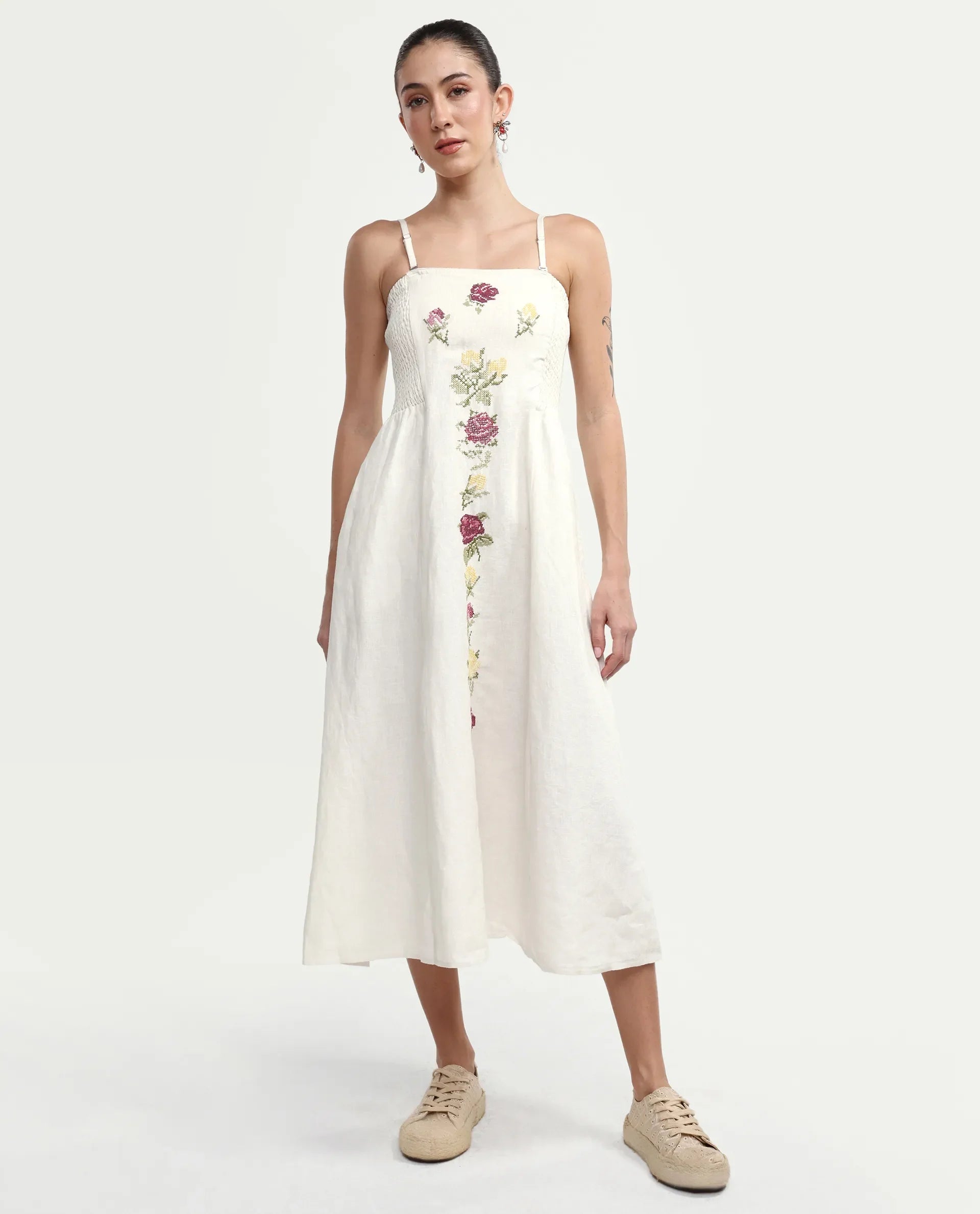 Rareism Women's Treler Light Off-White Linen Tube Neck Fit And Flare Plain Dress