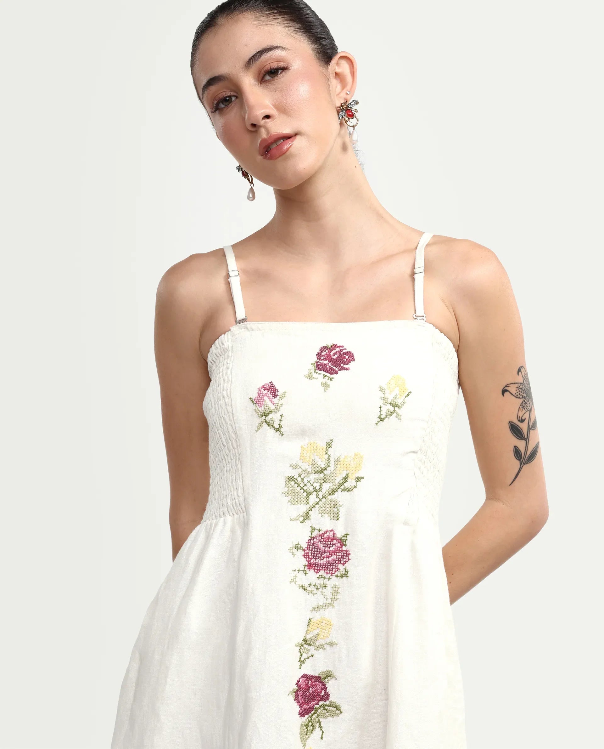 Rareism Women's Treler Light Off-White Linen Tube Neck Fit And Flare Plain Dress