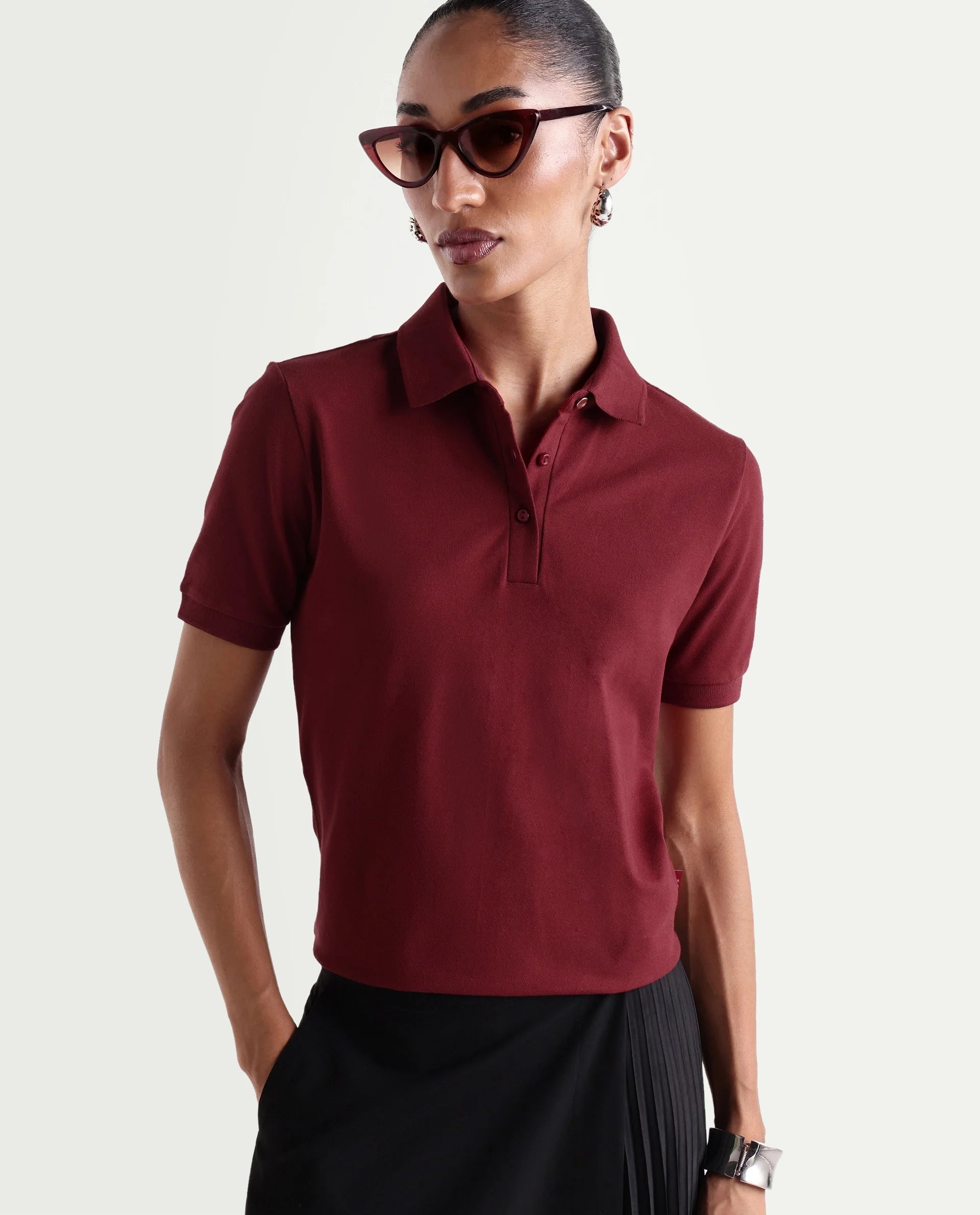 Rareism Women's Basic Rr-Corp-Elane Dark Red Cotton CollaredRegular Plain Polo