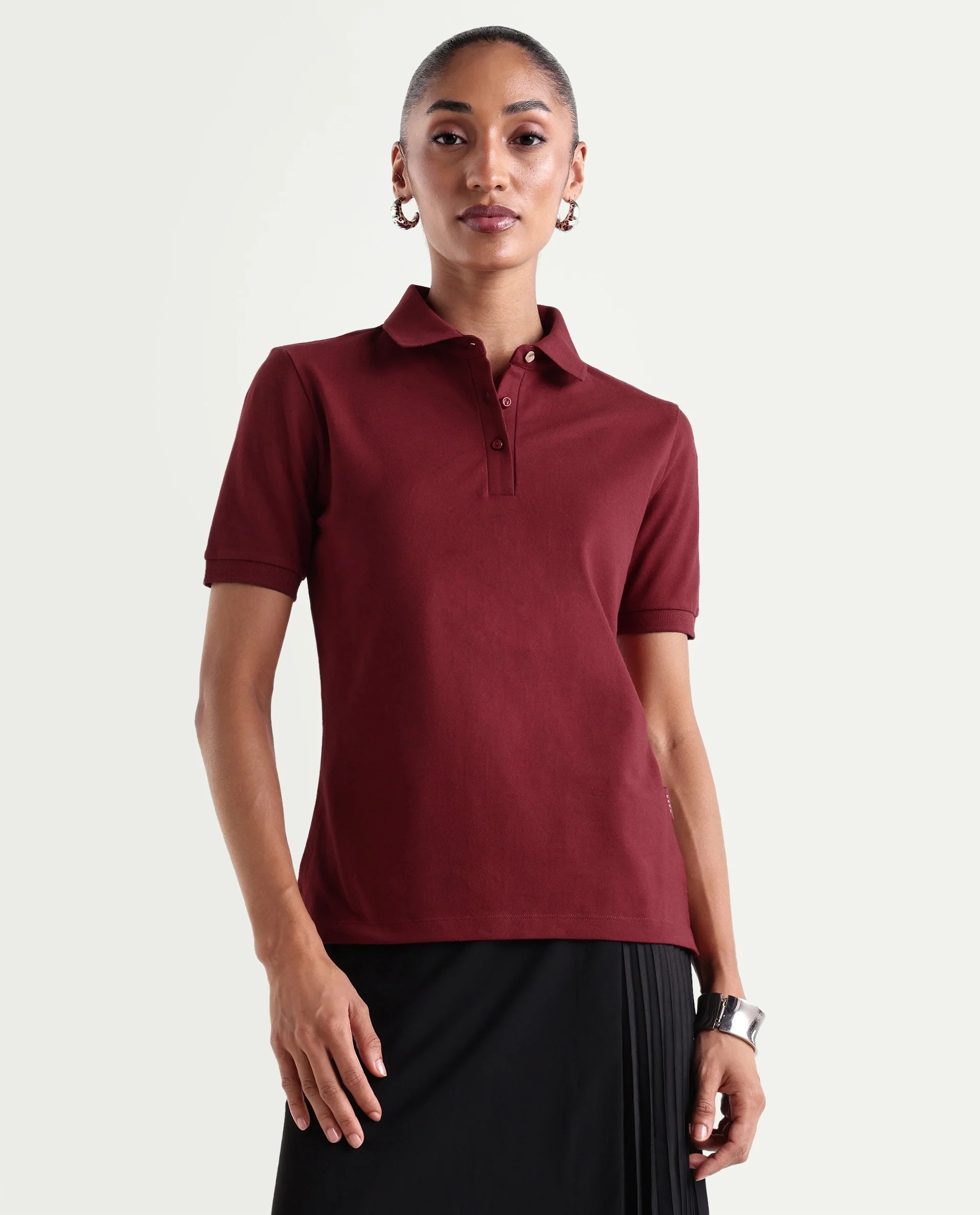 Rareism Women's Basic Rr-Corp-Elane Dark Red Cotton CollaredRegular Plain Polo
