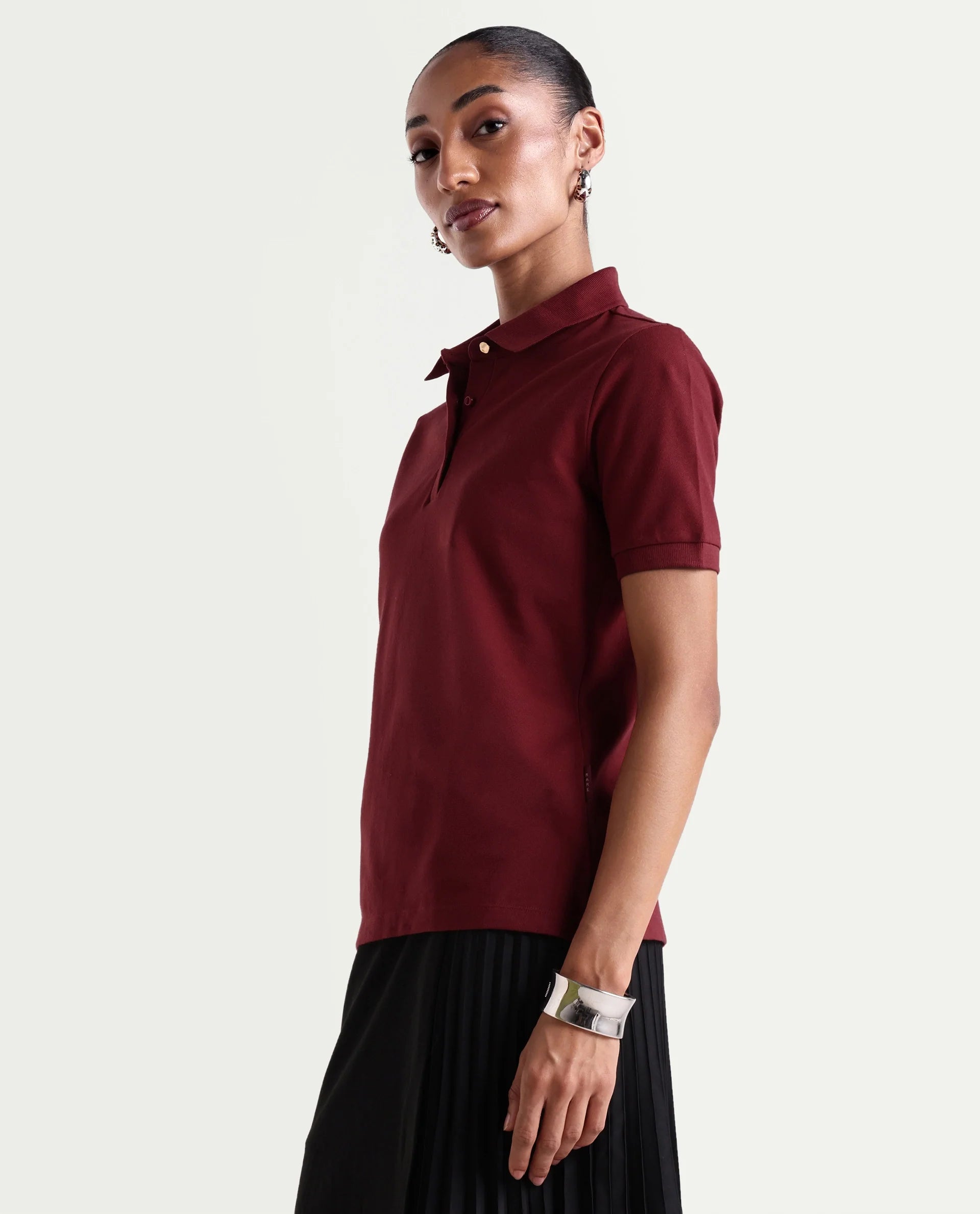 Rareism Women's Basic Rr-Corp-Elane Dark Red Cotton CollaredRegular Plain Polo