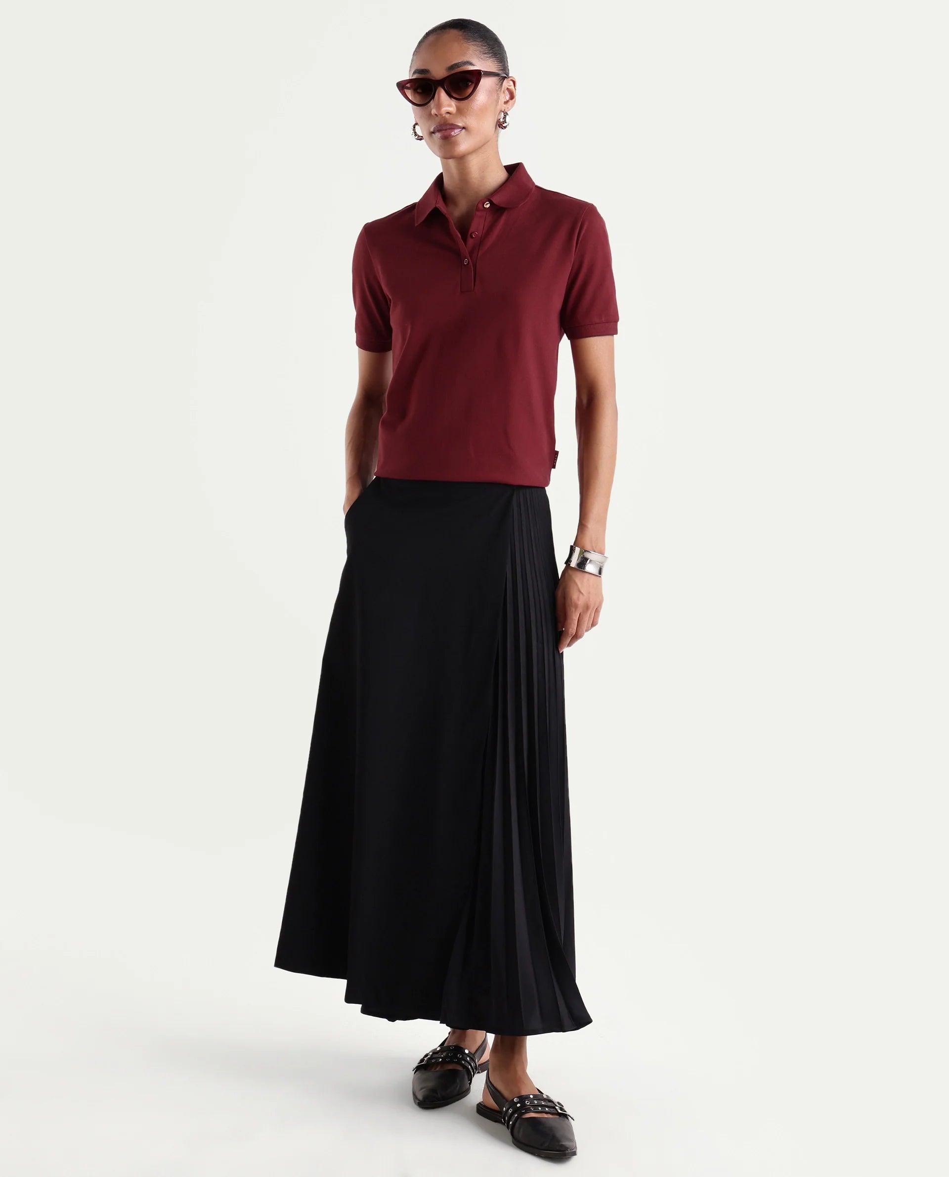 Rareism Women's Basic Rr-Corp-Elane Dark Red Cotton CollaredRegular Plain Polo