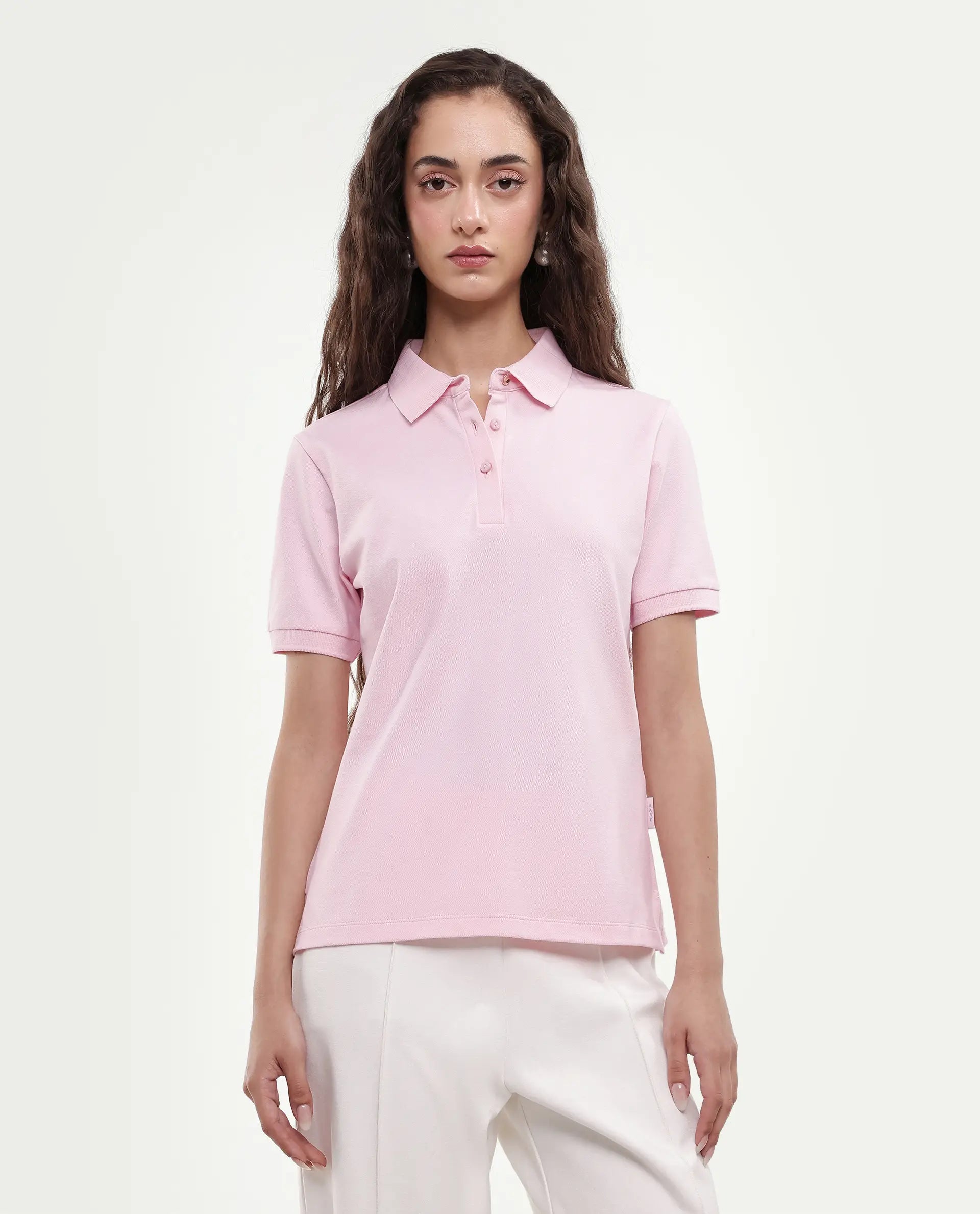 Rareism Women's Basic Rr-Corp-Elane Light Pink Cotton CollaredRegular Plain Polo