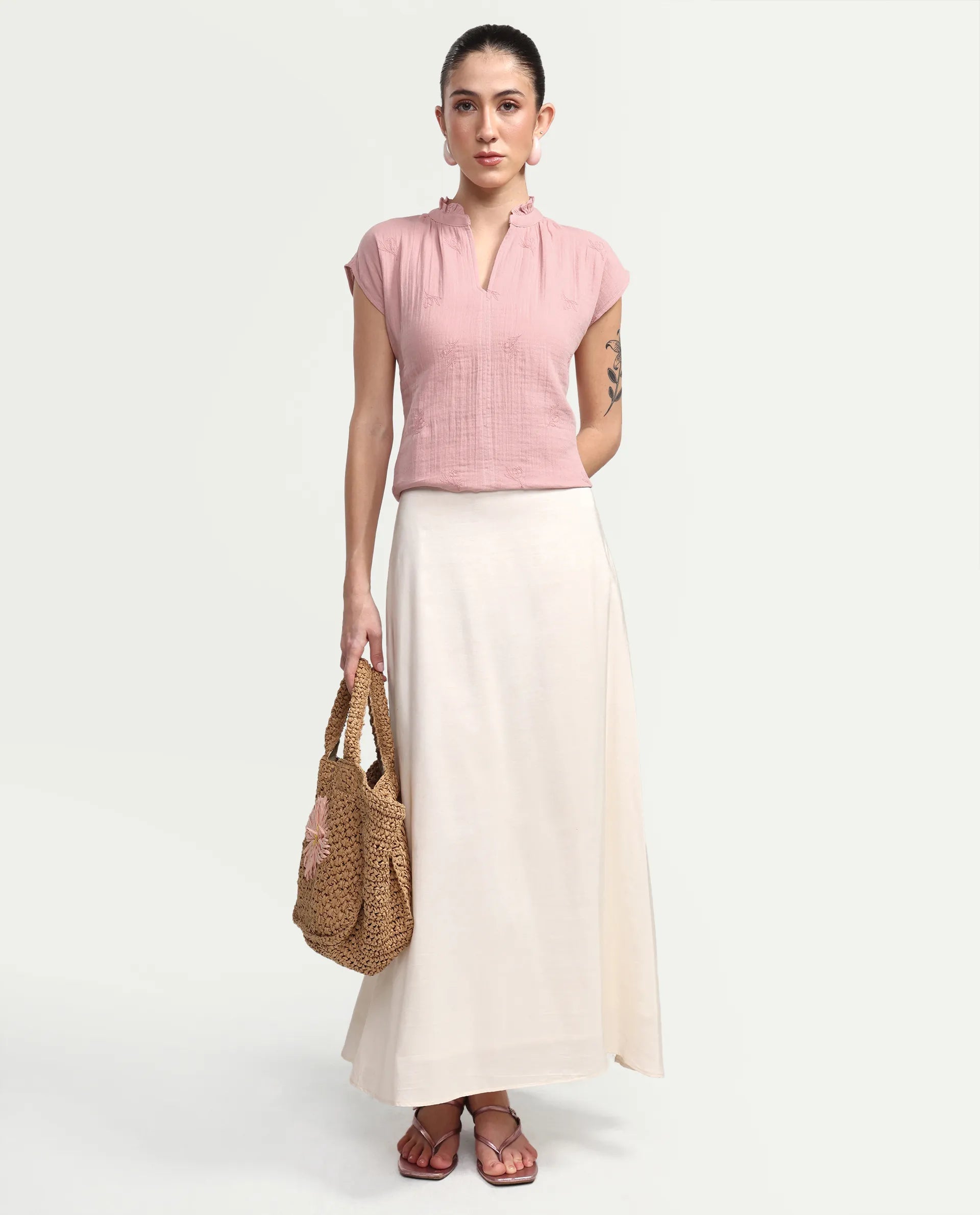 Rareism Women's Rudub Dusky Pink Cotton Ruffled Neck Regular Plain Top