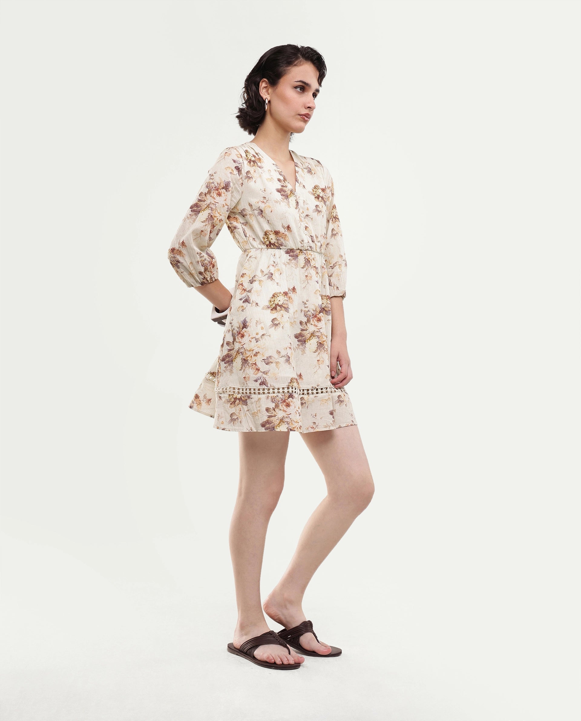 Rareism Women's Rujen Beige Floral Cotton Fit And Flare 3/4th Sleeve Dress