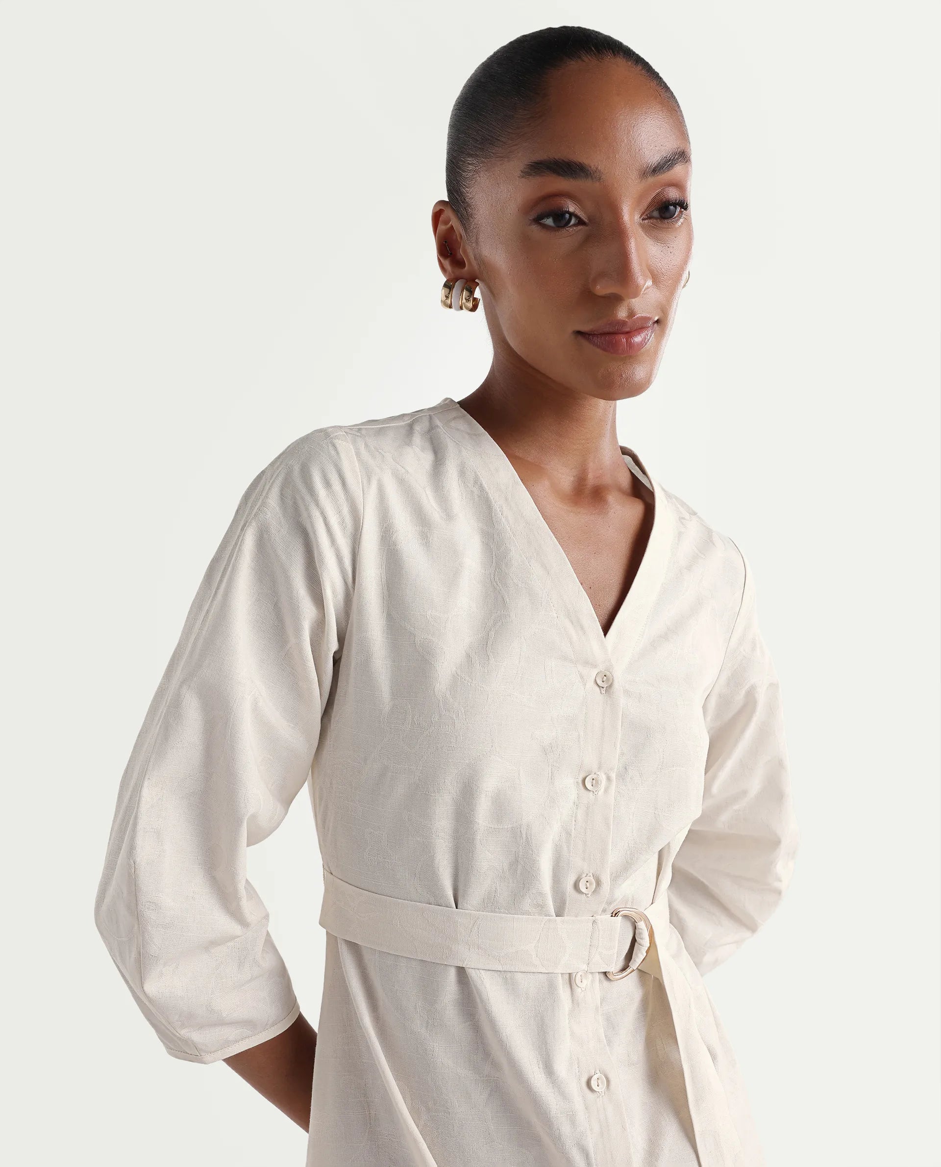 Rareism Women's Rumang Off White Cotton V-Neck Button A-Line Jacquard Print Dress