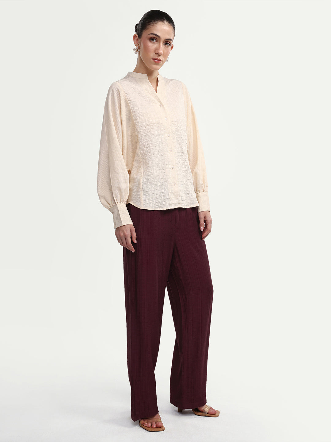 Rareism Women's Dano-B Maroon Viscose Blend Drawstring Wide Plain Trouser