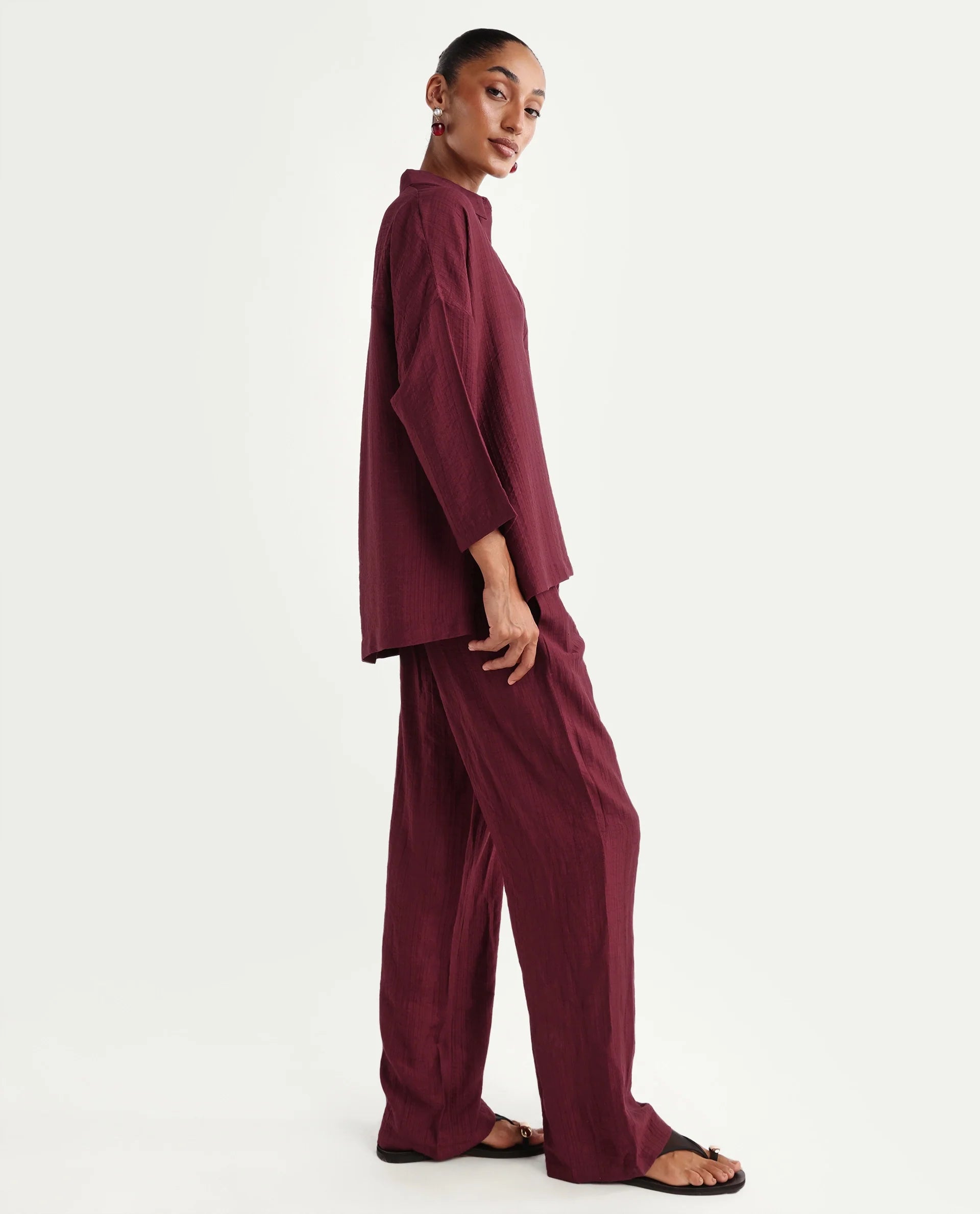 Rareism Women's Dano-B Maroon Viscose Blend Drawstring Wide Plain Trouser