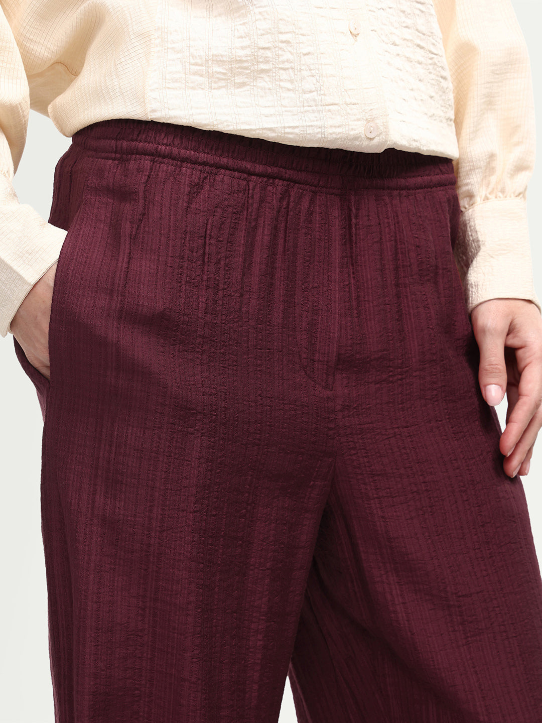 Rareism Women's Dano-B Maroon Viscose Blend Drawstring Wide Plain Trouser