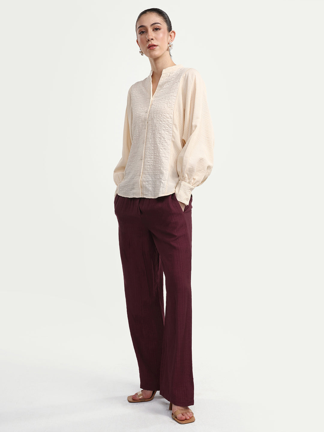 Rareism Women's Dano-B Maroon Viscose Blend Drawstring Wide Plain Trouser
