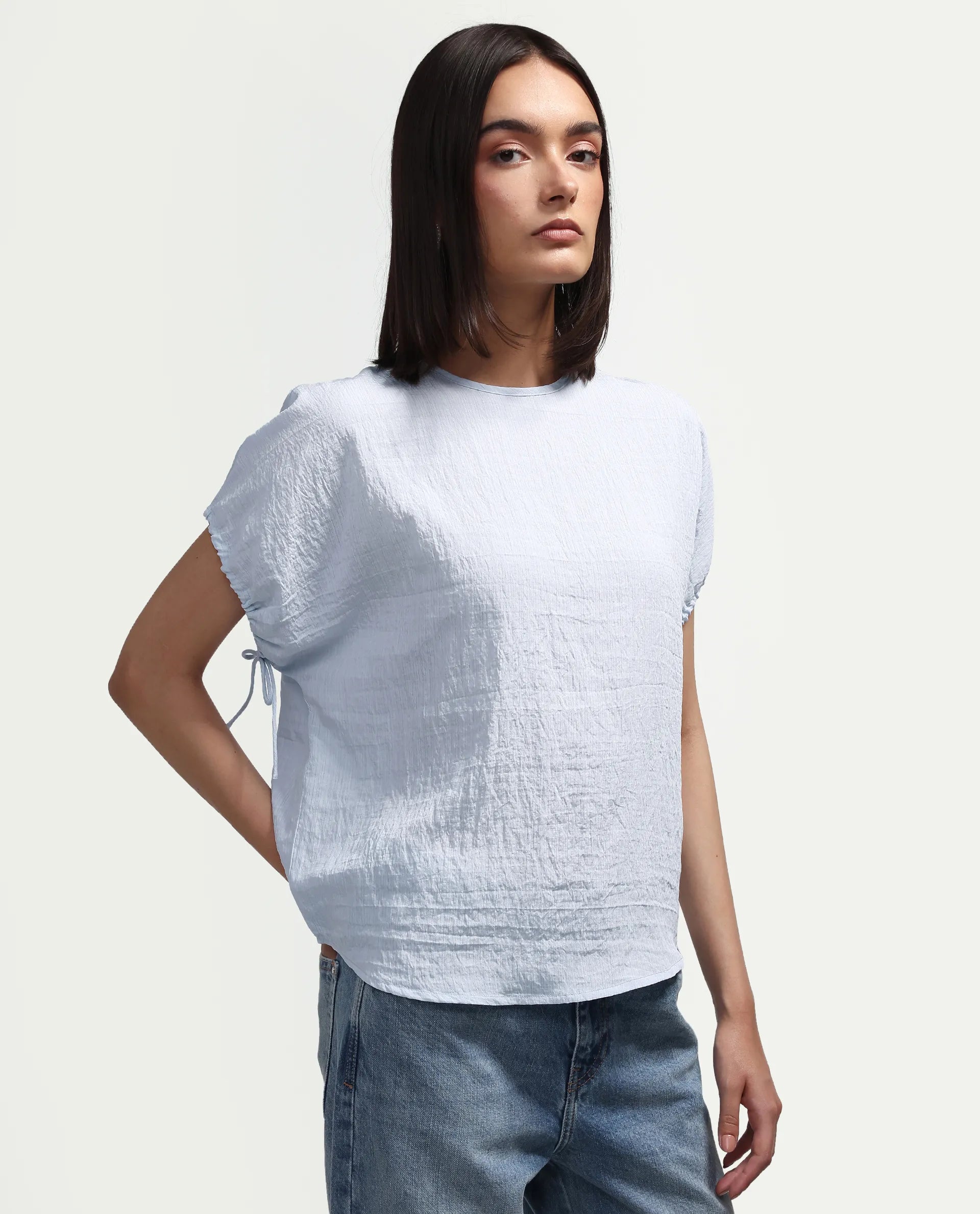 Rareism Women's Deno Light Blue Viscose Blend Crew Neck Button Regular Plain Top