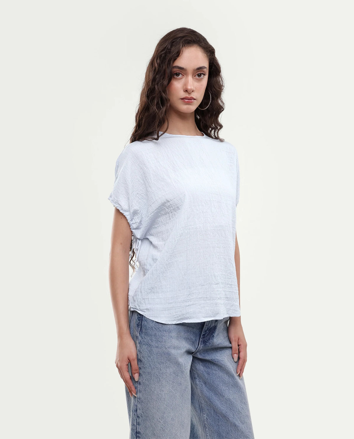 Rareism Women's Deno Light Blue Viscose Blend Crew Neck Button Regular Plain Top