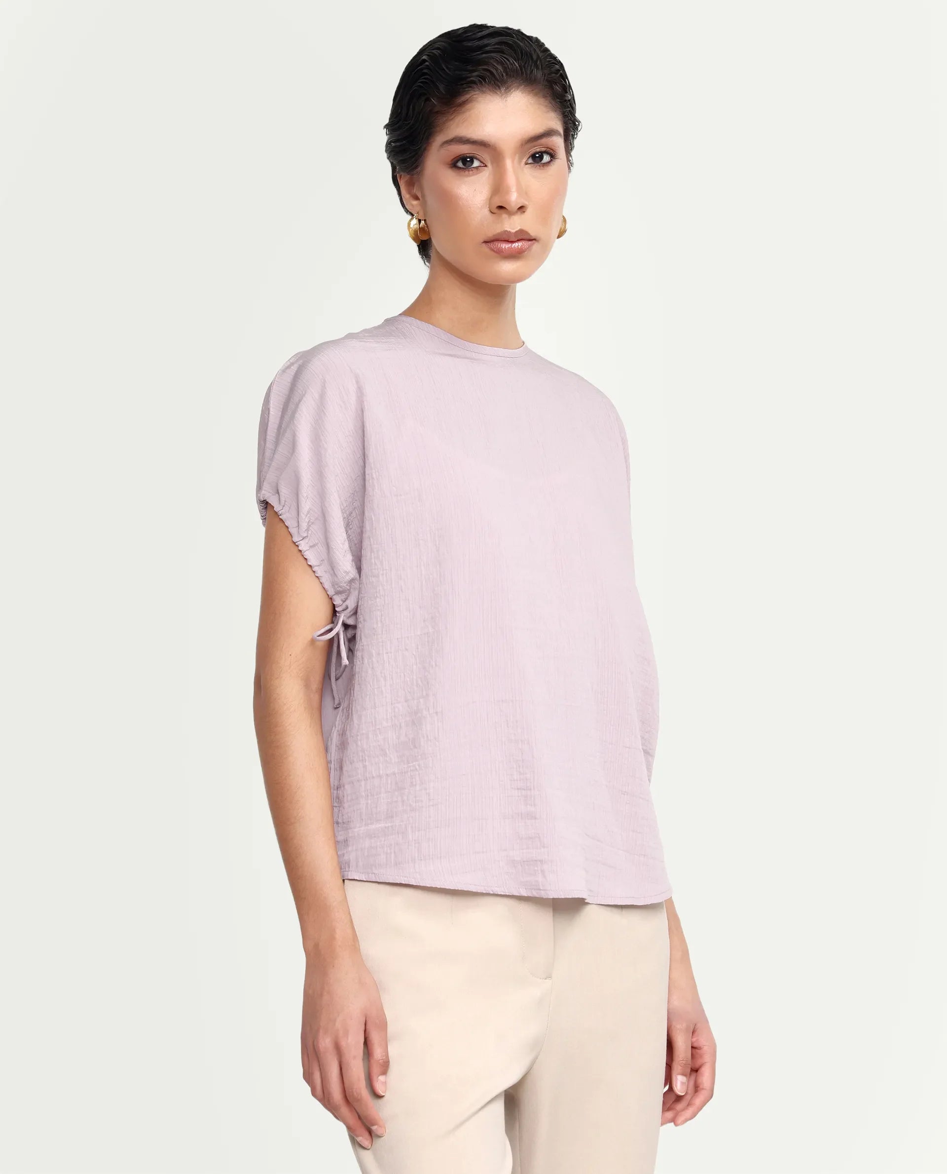 Rareism Women's Deno Dusky Pink Viscose Blend Crew Neck Button Regular Plain Top