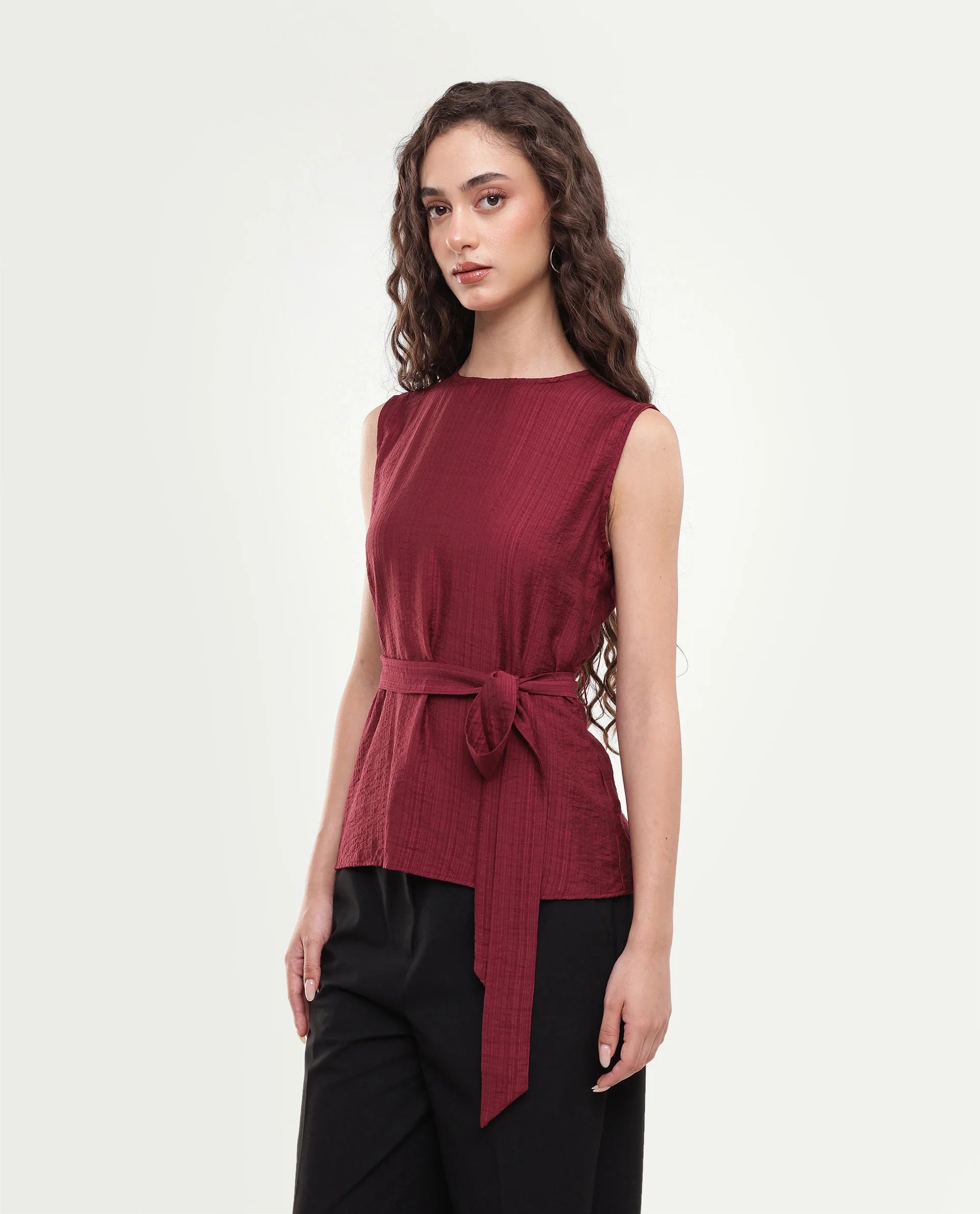 Rareism Women's Deya Maroon Viscose Blend Crew Neck Button And Zip Regular Plain Top