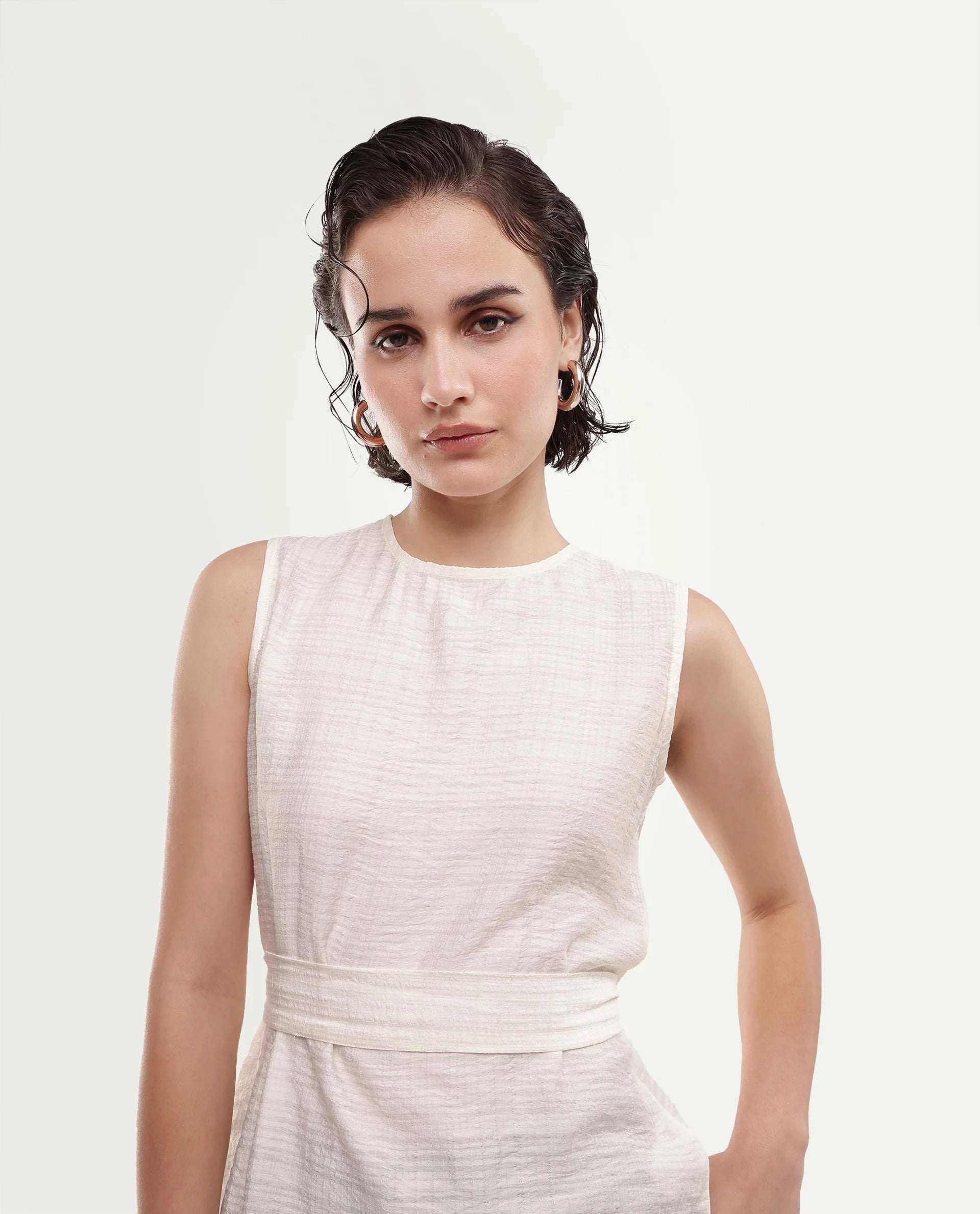 Rareism Women's Deya Off White Viscose Blend Crew Neck Button And Zip Regular Plain Top