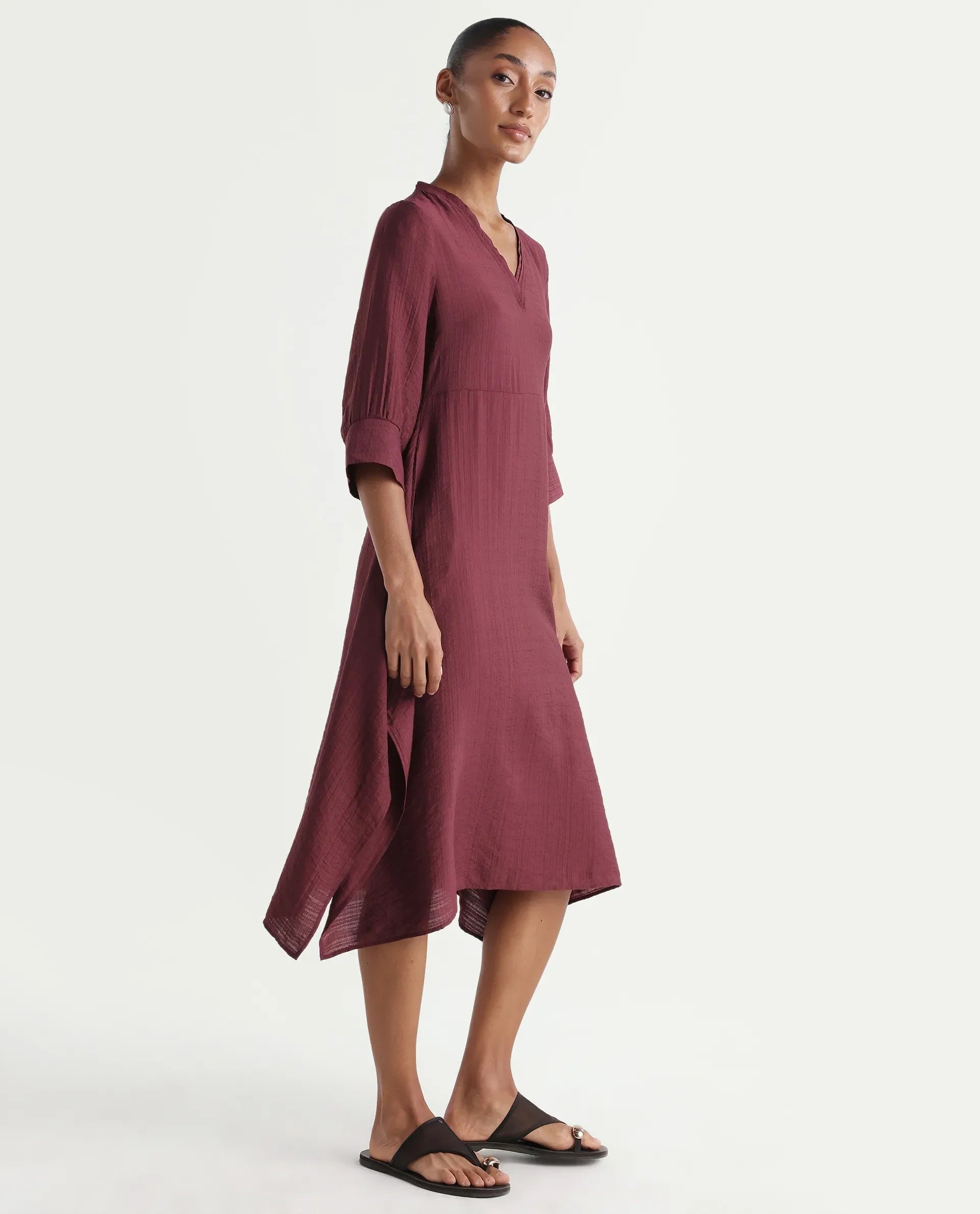 Rareism Women's Dhery Maroon Viscose Blend V-Neck A-Line Plain Dress
