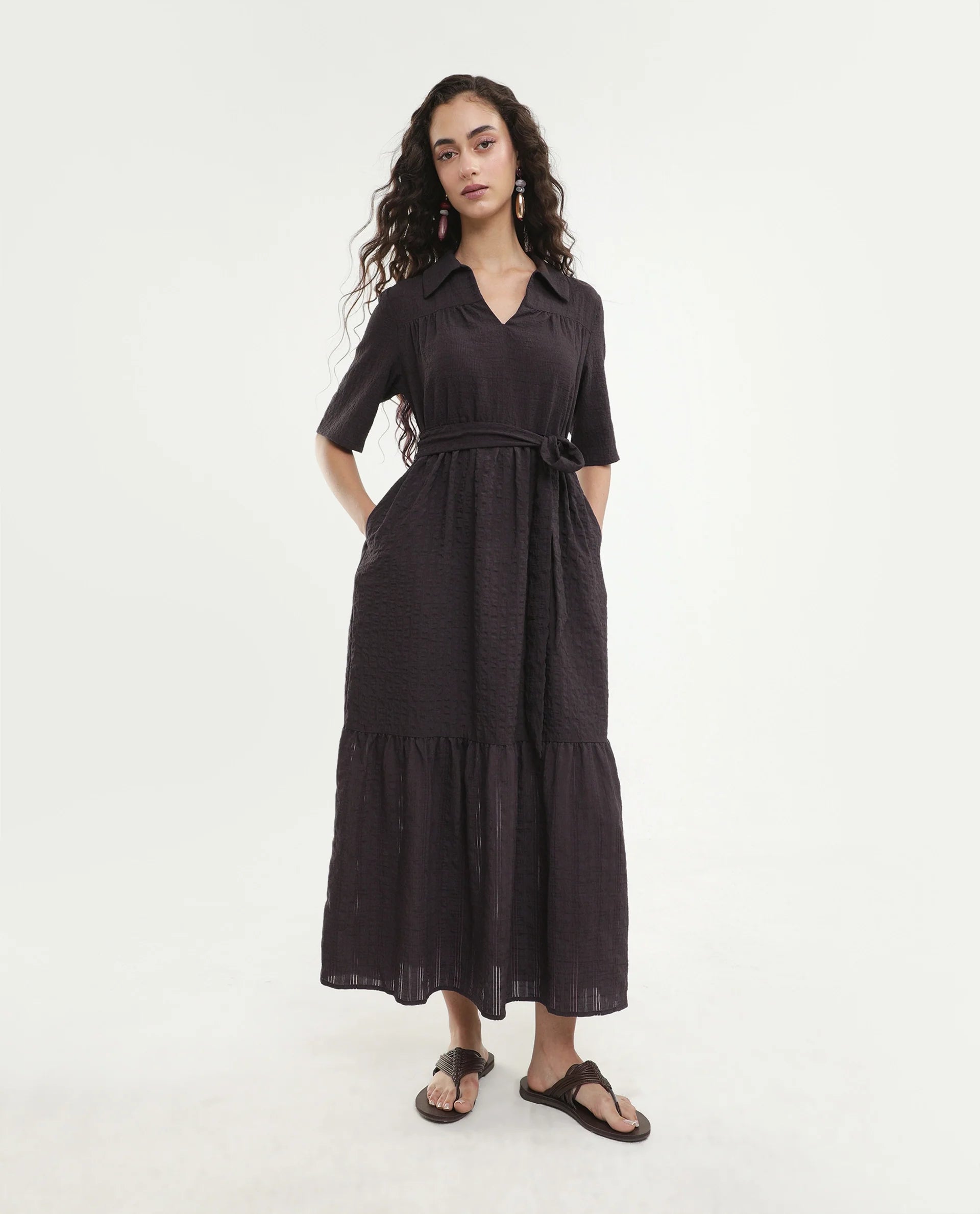 Rareism Women's Dilan Brown Viscose Blend Jonny Collar Pull-On Fit And Flare Plain Dress