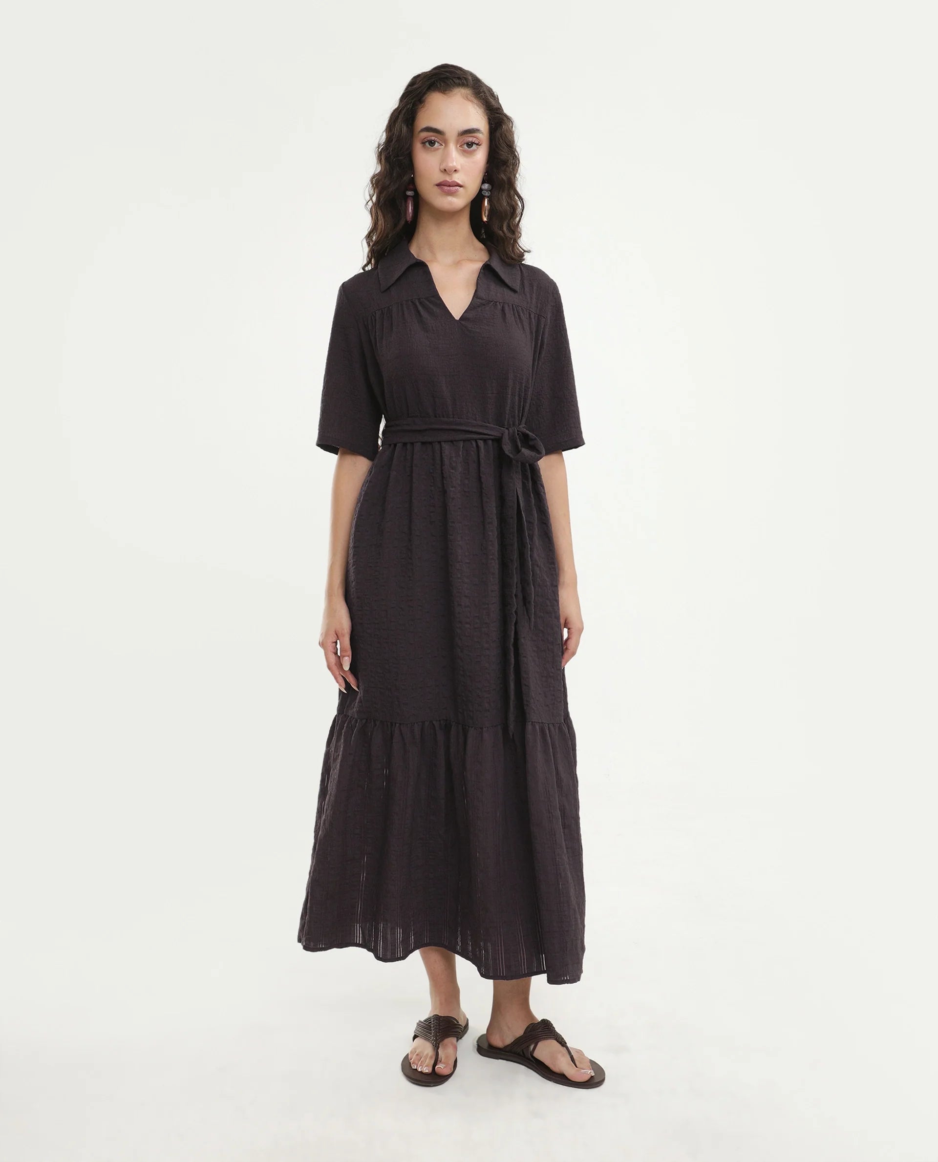 Rareism Women's Dilan Brown Viscose Blend Jonny Collar Pull-On Fit And Flare Plain Dress