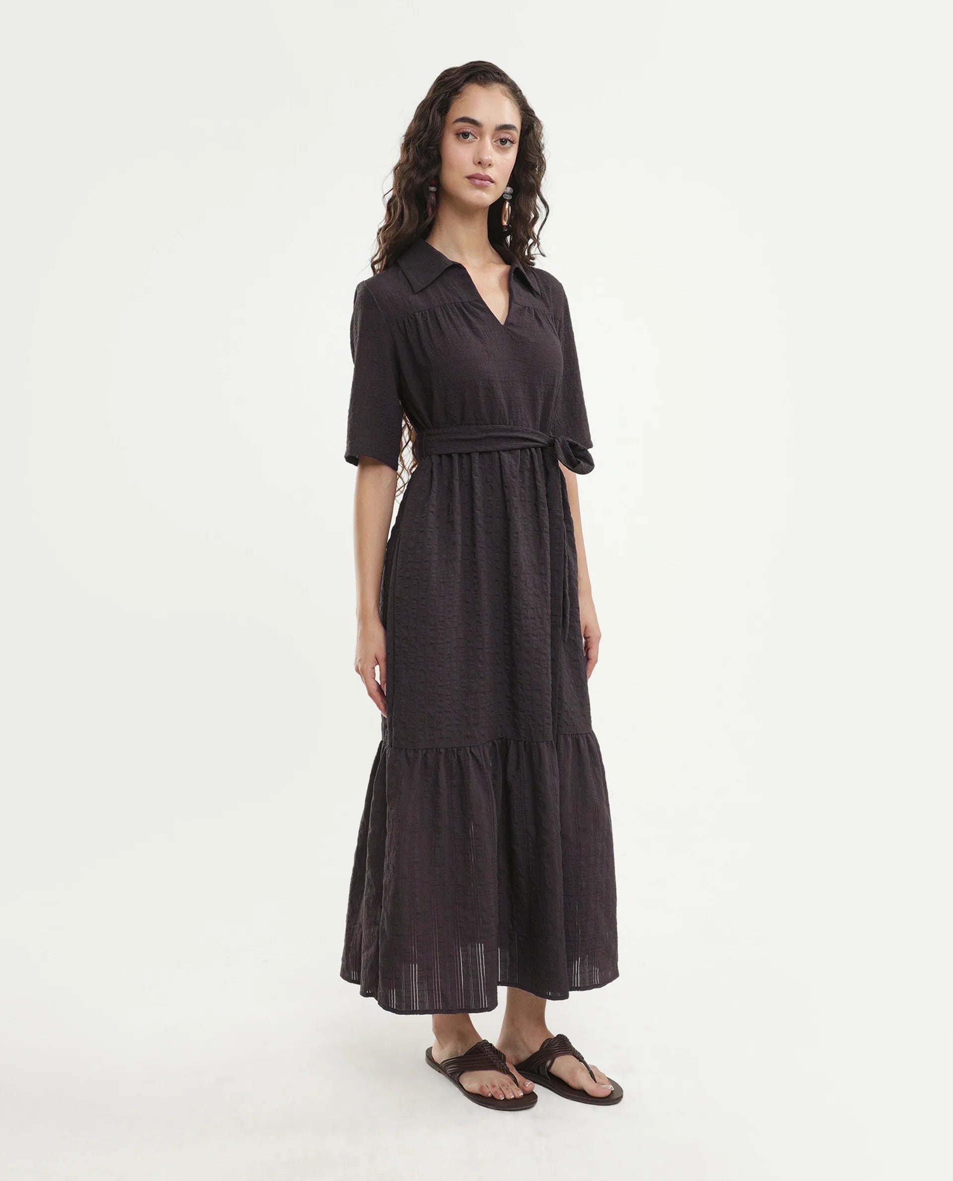 Rareism Women's Dilan Brown Viscose Blend Jonny Collar Pull-On Fit And Flare Plain Dress