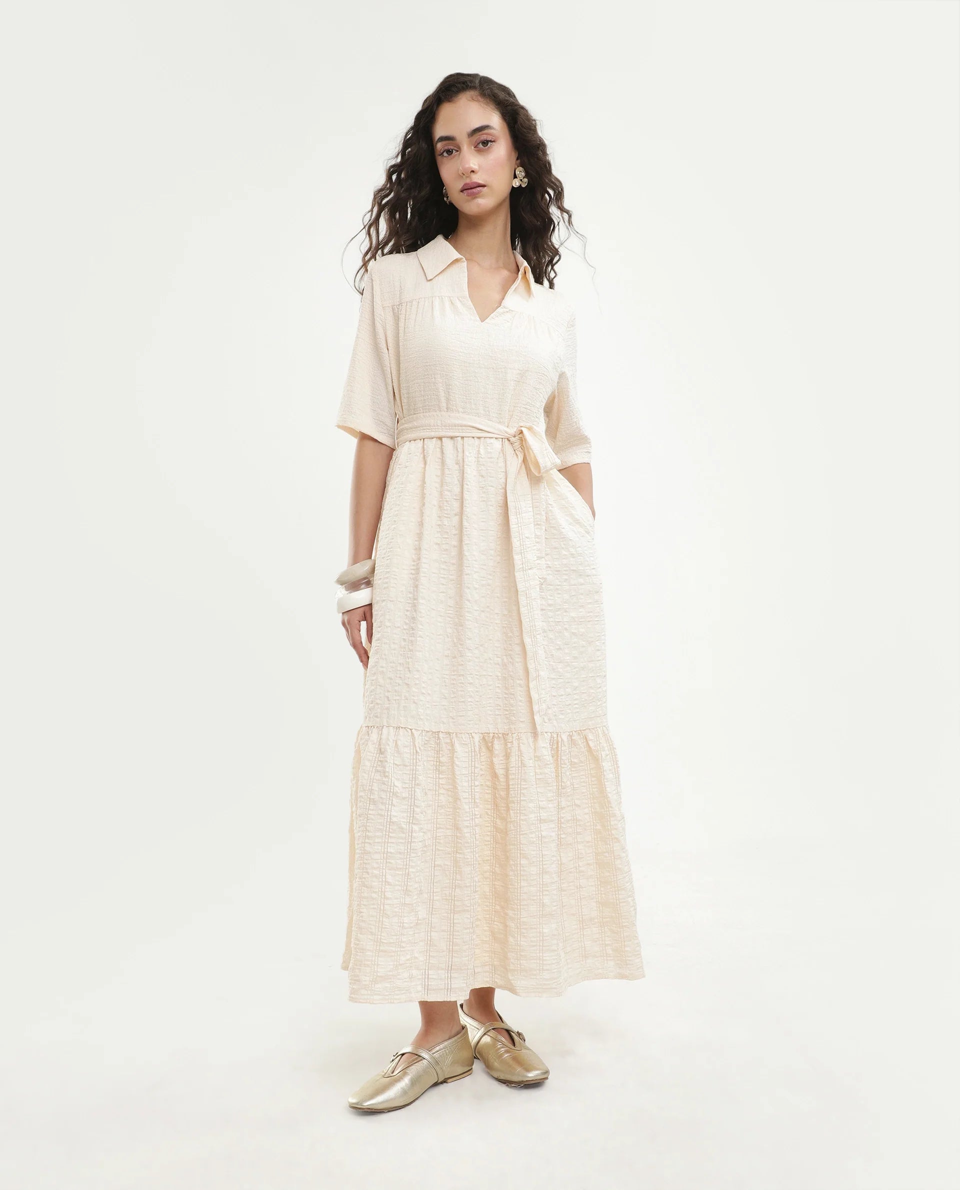 Rareism Women's Dilan Off White Viscose Blend Jonny Collar Pull-On Fit And Flare Plain Dress