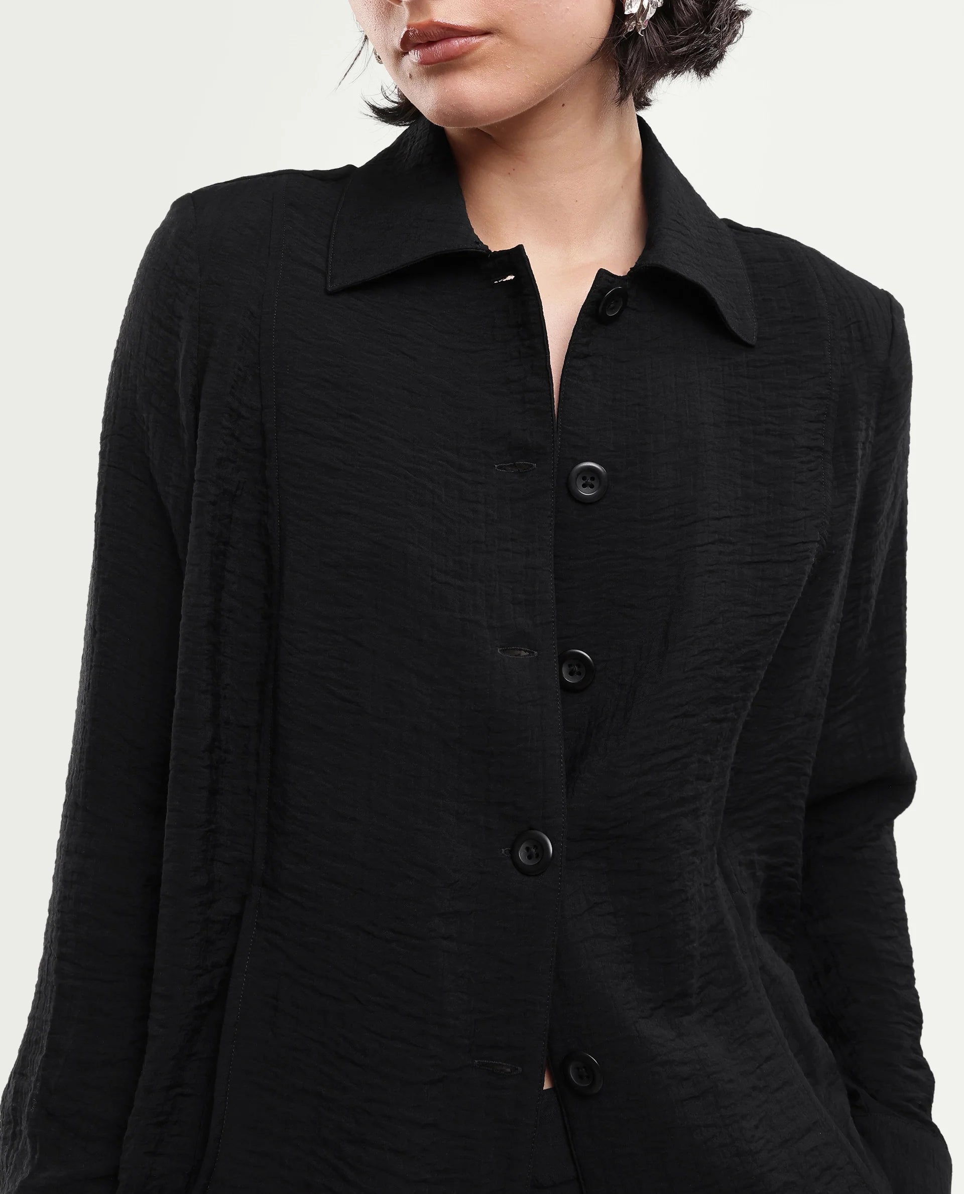 Rareism Women's Dion-T Black Viscose Blend Spread Collar Boxy Plain Shacket