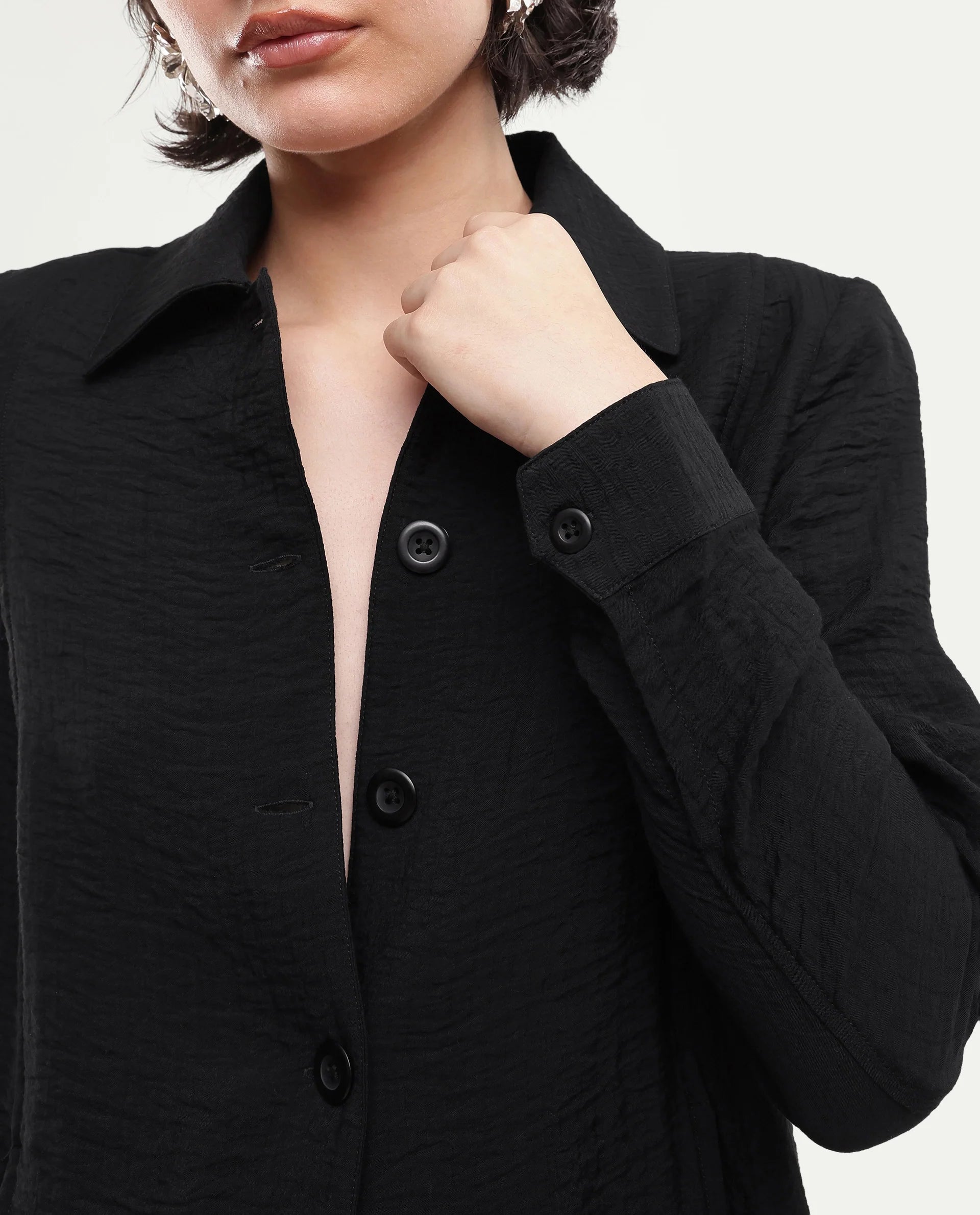 Rareism Women's Dion-T Black Viscose Blend Spread Collar Boxy Plain Shacket