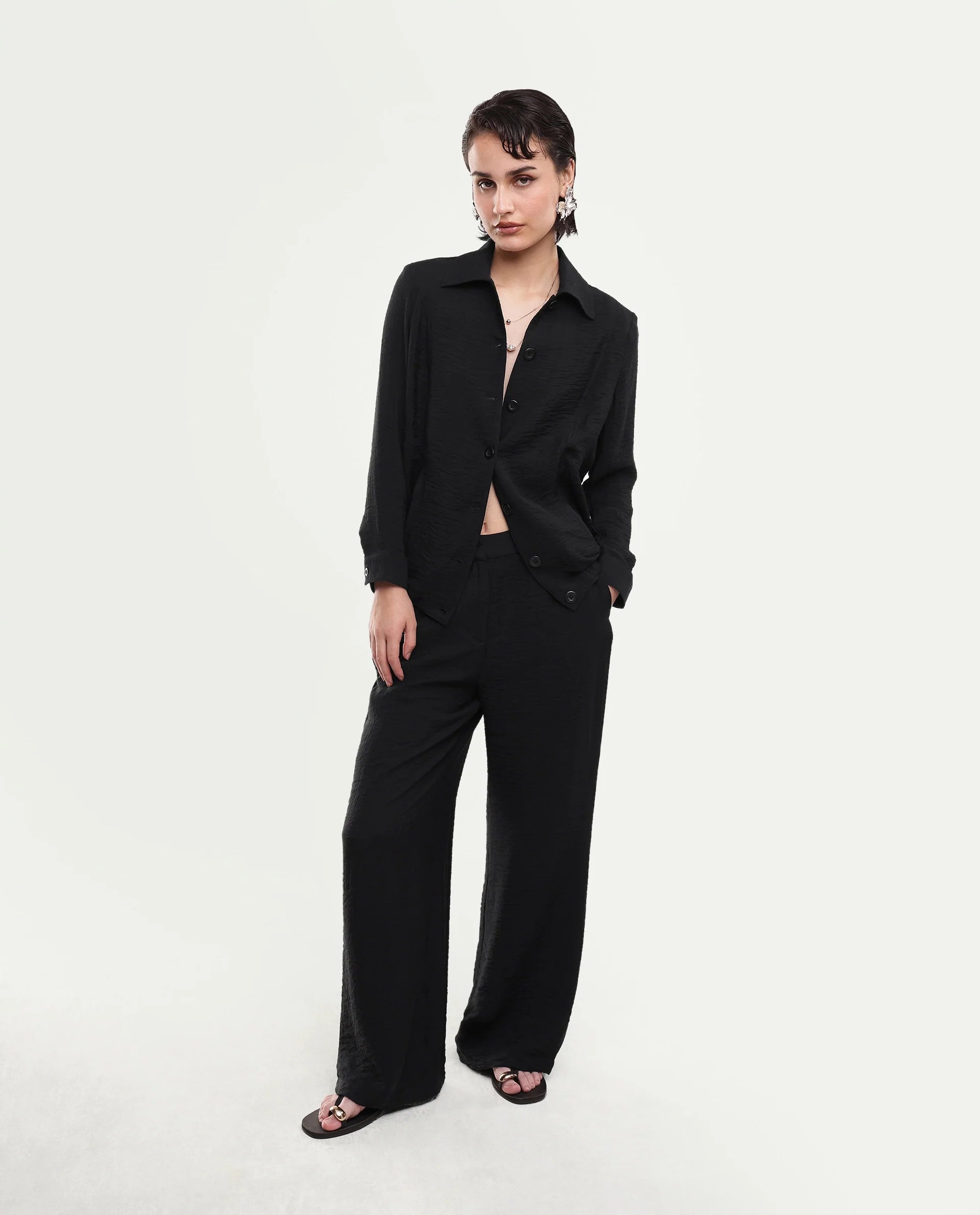 Rareism Women's Dion-T Black Viscose Blend Spread Collar Boxy Plain Shacket