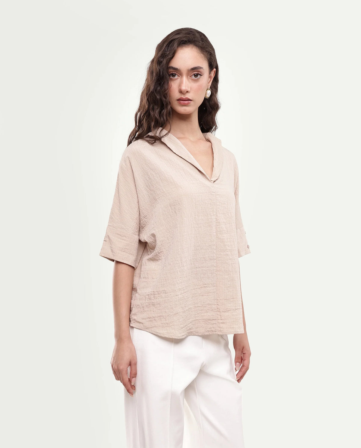 Rareism Women's Dira Beige Plain Viscose Blend Regular Short Sleeves Top
