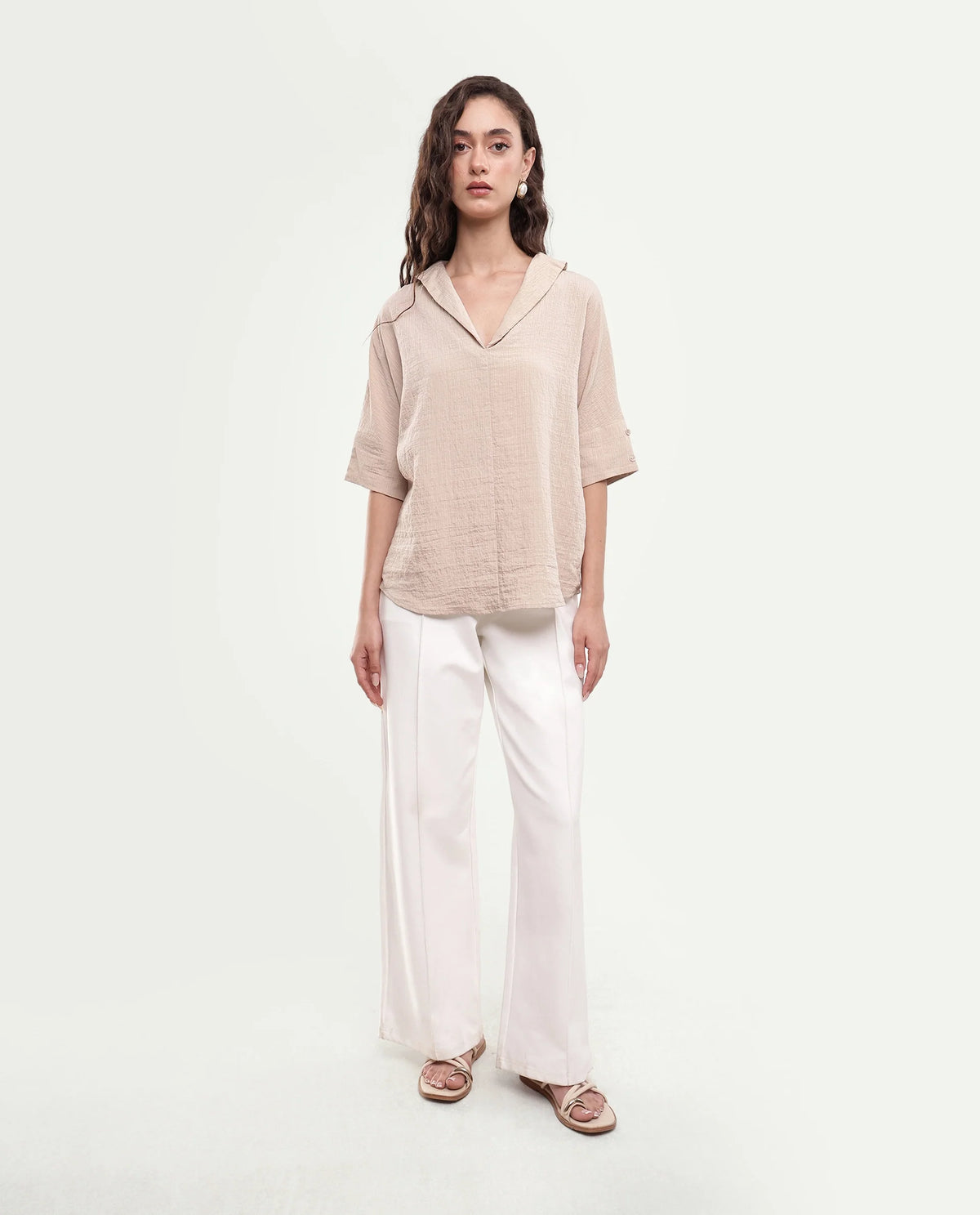 Rareism Women's Dira Beige Plain Viscose Blend Regular Short Sleeves Top